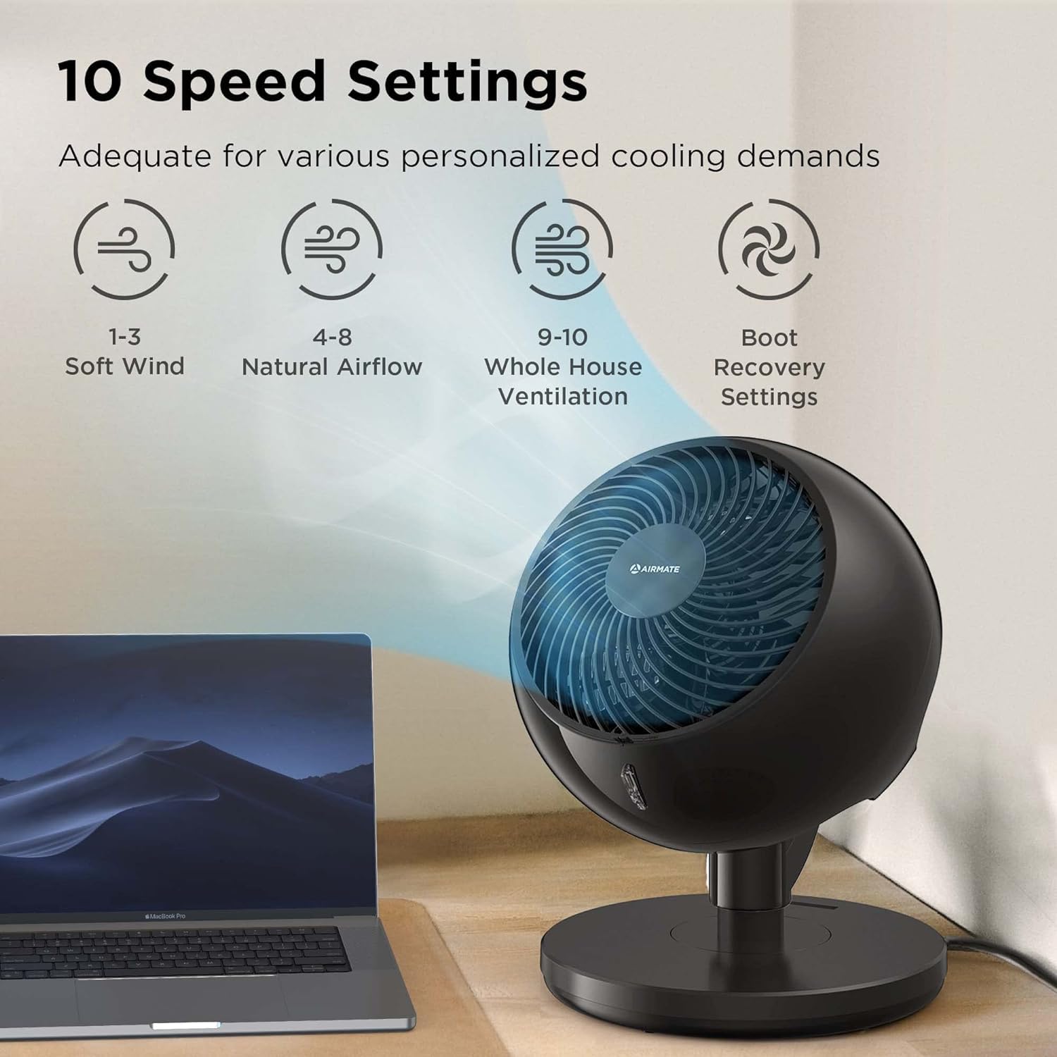 AIRMATE 12-Inch Large Oscillating Fan with Remote - High Velocity Quiet DC Floor Fan for Bedroom, Office & Dorm - 10 Speed Settings & Timer - Black | Perfect for Cooling, Air Circulation & White Noise Sleeping Aid