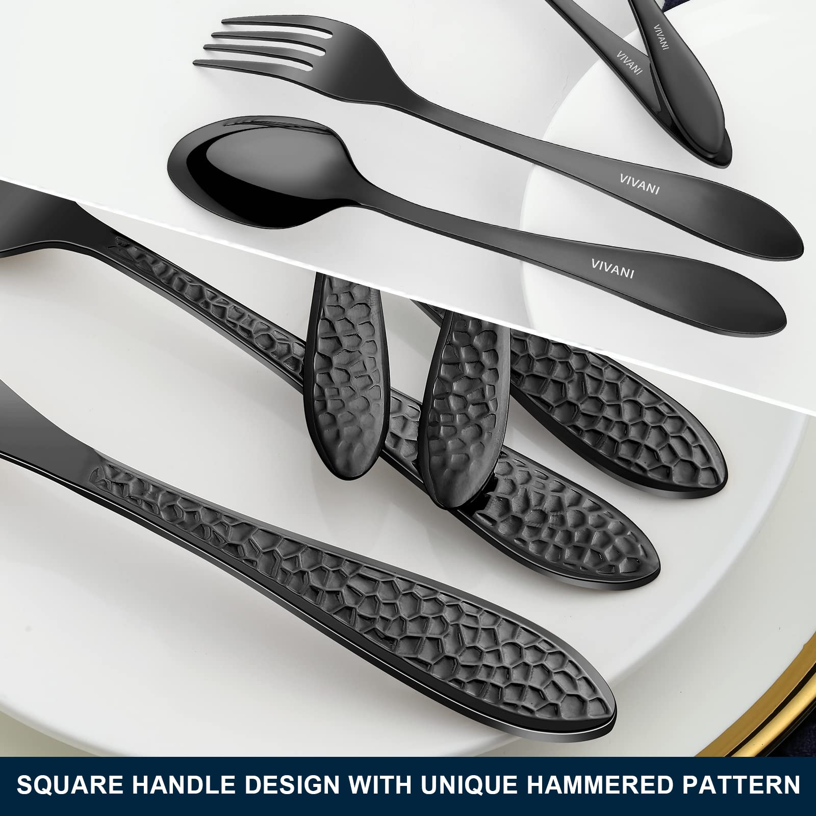 Arlox 40-Piece Black Silverware Set for 8 People - Premium Stainless Steel Flatware Set with Hammered Design & Mirror Polish - Dishwasher Safe Cutlery for Everyday Dining, Parties & Gifts
