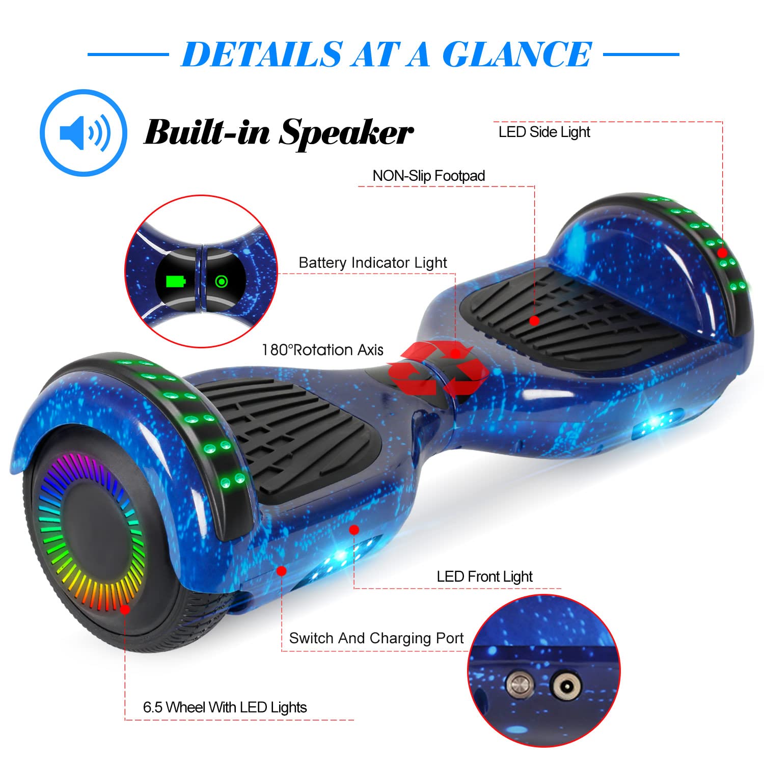 6.5 Inch Self Balancing Hoverboard with Bluetooth & LED Lights - Electric Scooter for Kids & Teens - Perfect for Commuting, Campus Travel & Outdoor Fun