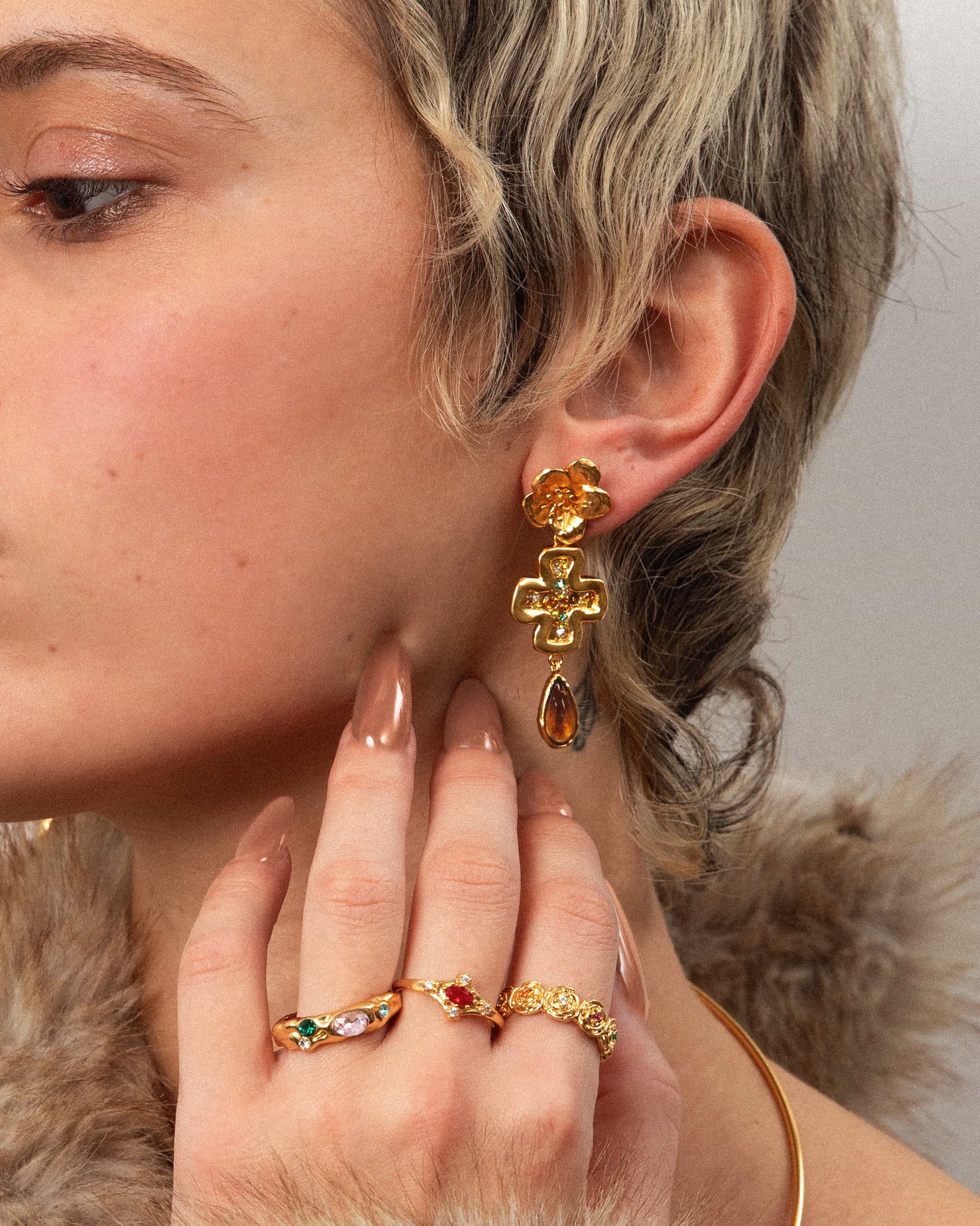 Amber Dew Floral Cross Earrings - Elegant Bohemian Style Jewelry for Women | Perfect for Church, Weddings & Everyday Wear