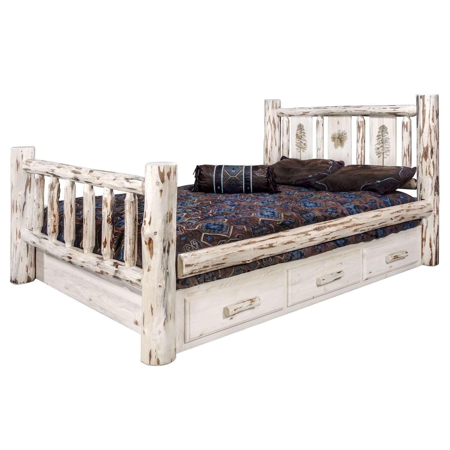Montana Collection Twin Storage Bed with Laser Engraved Pine Design - Unfinished Wood Bed Frame with Underbed Drawers for Kids & Teens Bedroom, Dorm Room Furniture