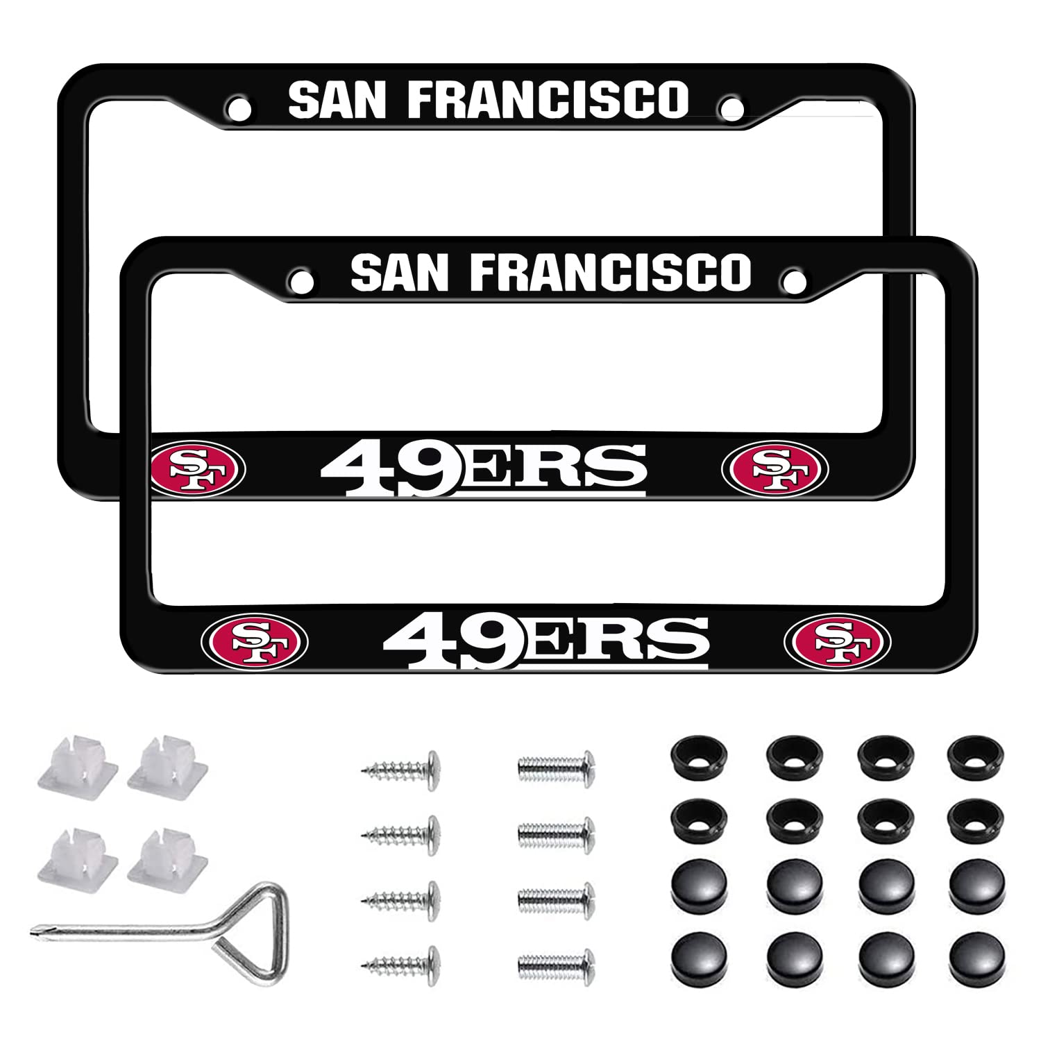 Universal Metal License Plate Frames for Cars - Durable Front & Back License Plate Holder with Mounting Kit (Pack of 2, Black 49ers) - Perfect for NFL Fans & Vehicle Customization