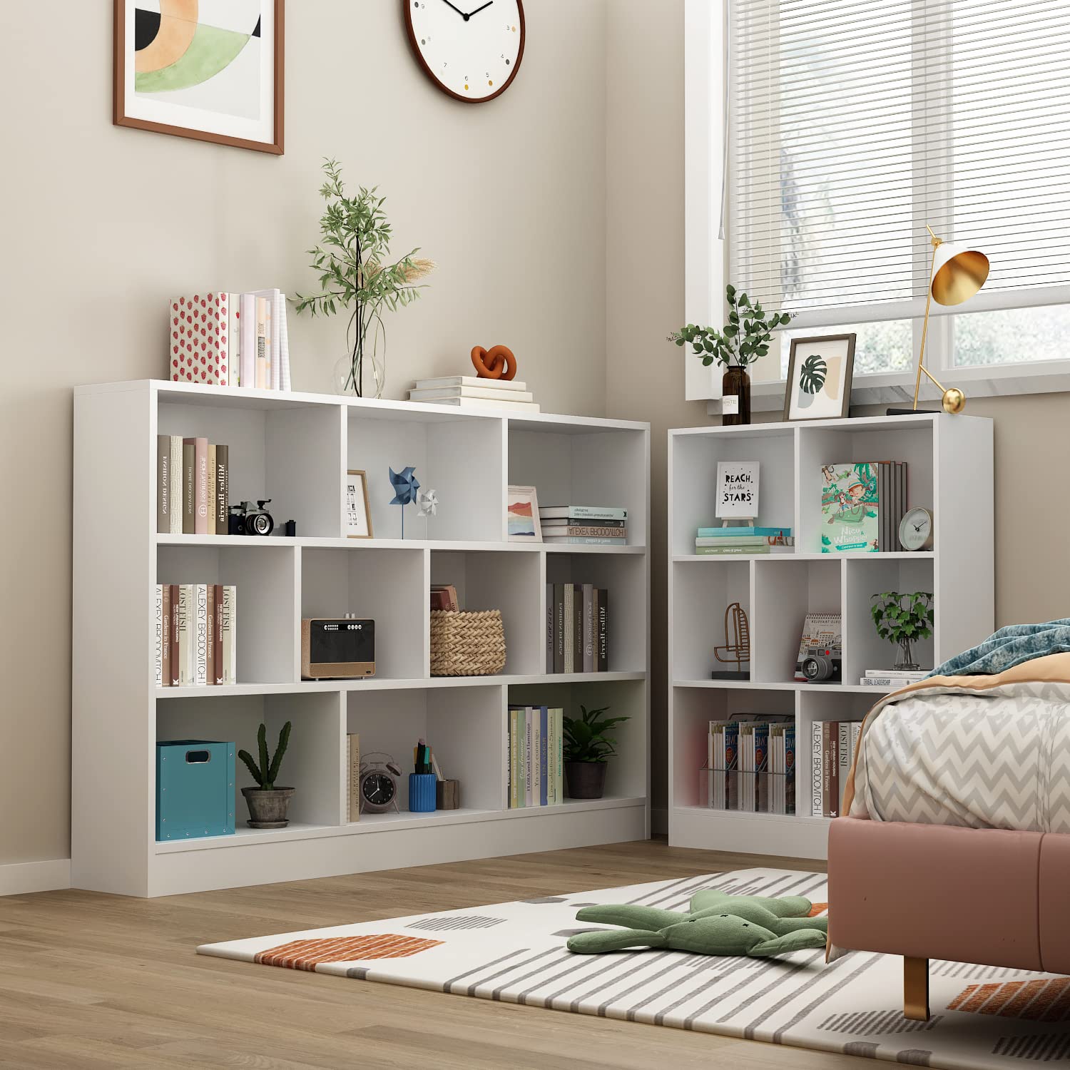 AIEGLE 10-Cube Bookshelf - 3-Tier Wooden Storage Organizer for Kids Bedroom, White Modern Bookcase (55.1