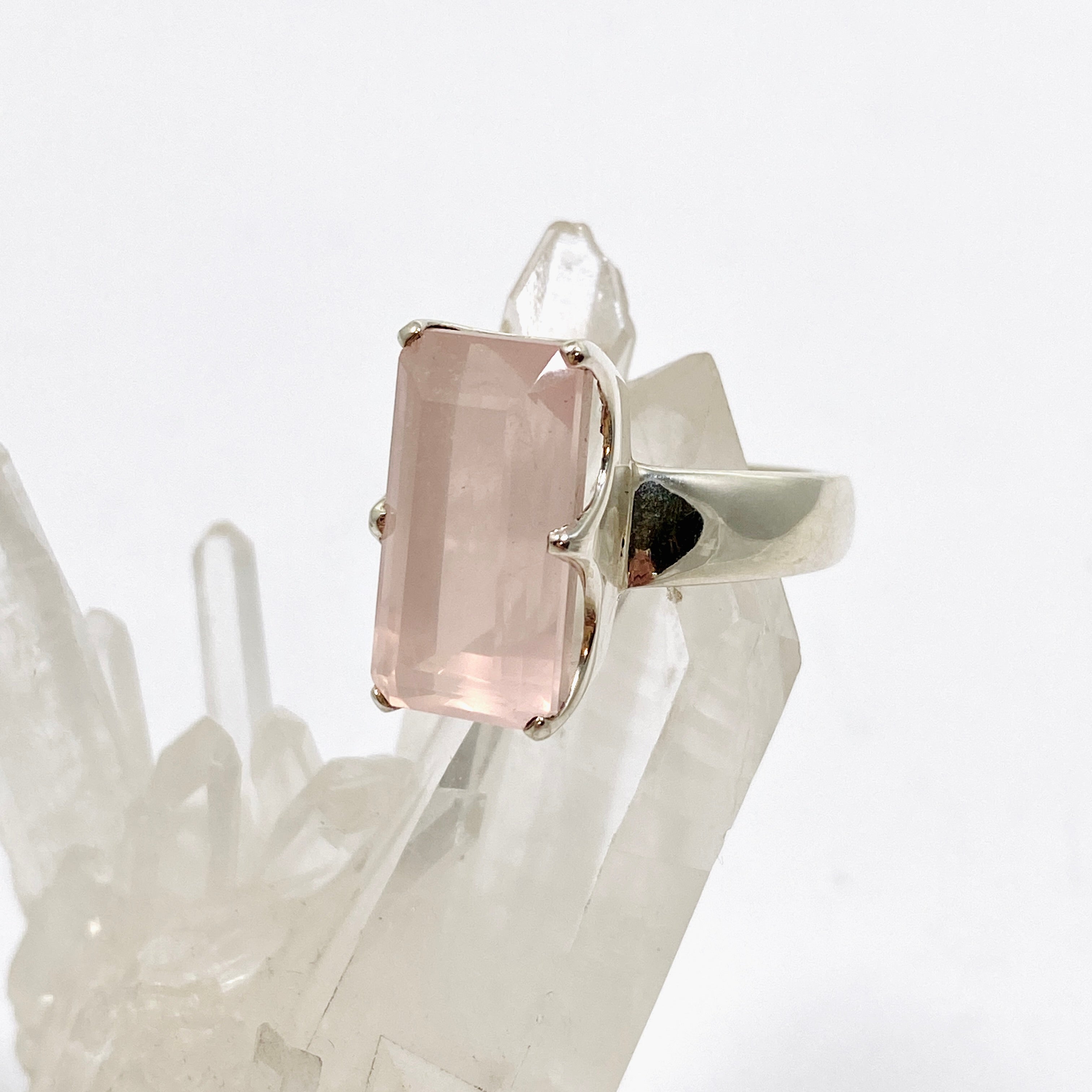 Rose Quartz Rectangular Faceted Ring Size 10.5 - PRGJ877 | Elegant Healing Crystal Jewelry for Women, Gift for Her, Wedding, Anniversary & Special Occasions