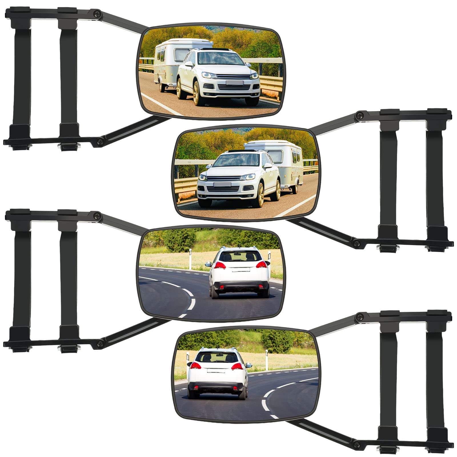 Universal Clamp-On Towing Mirror - 360° Adjustable Rotation, Black (4 Pack) for Trucks, SUVs & RVs - Enhanced Visibility & Safety for Towing & Highway Driving