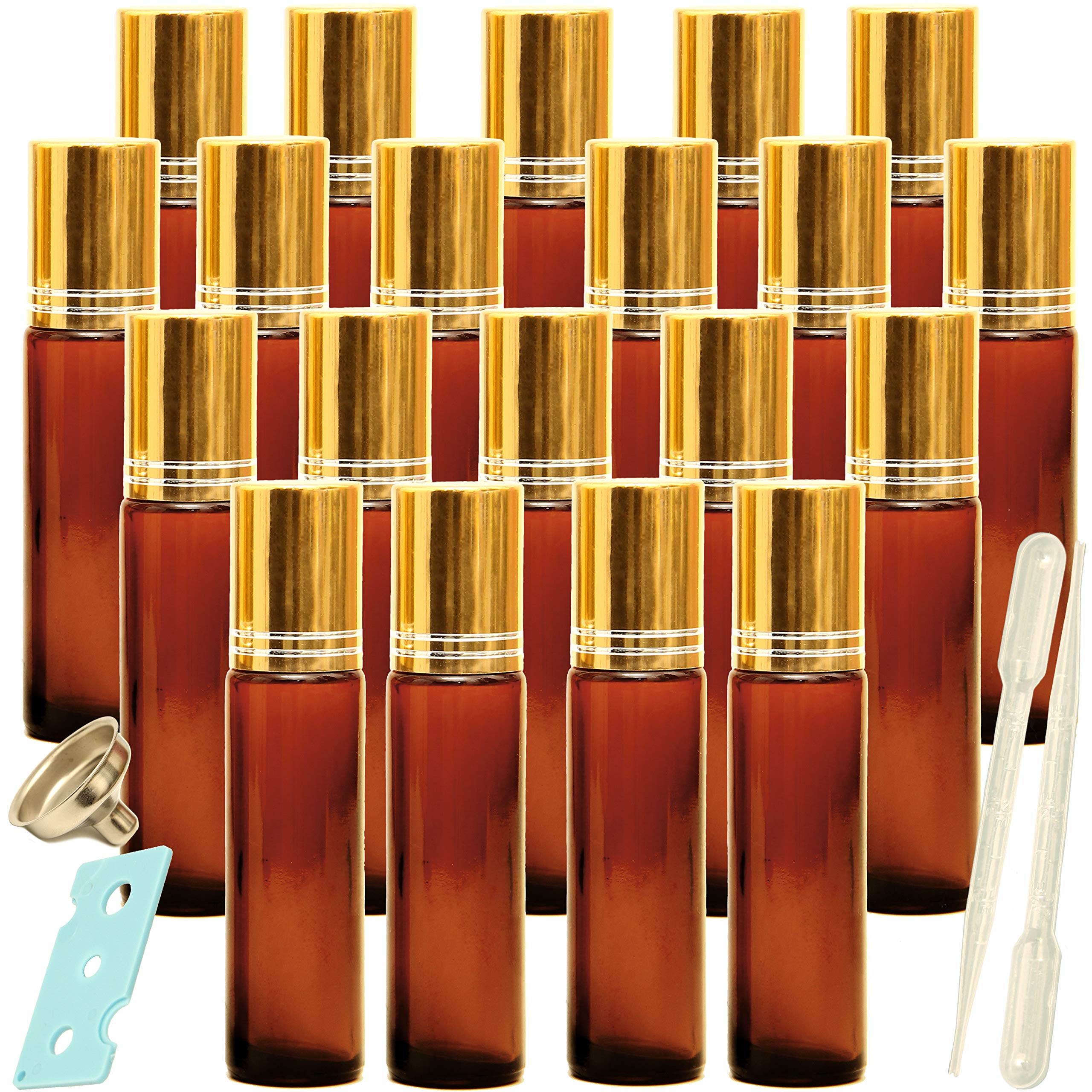 Youngever 20 Pack Amber Essential Oil Roller Bottles with Stainless Steel Roller Balls - Includes Opener, 2 Clear Transfer Pipettes, Mini Funnels & Extra Roller Balls for DIY Aromatherapy, Travel & Home Use