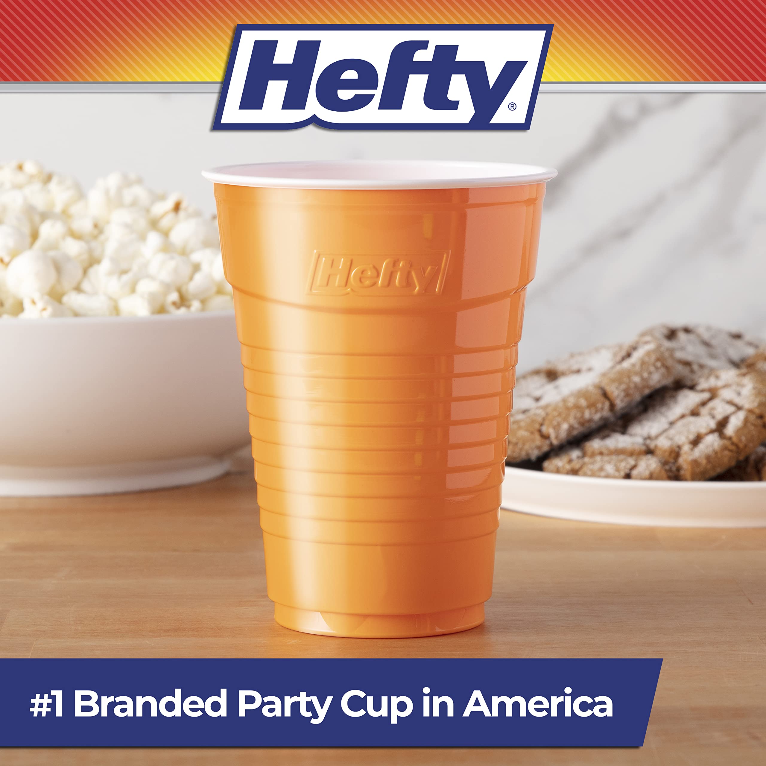 Hefty Party On Multicolor Disposable Plastic Cups - 16oz (100 Count) | Orange, Purple, Blue & Green | Easy-Grip Design for Parties, BBQs & Outdoor Events