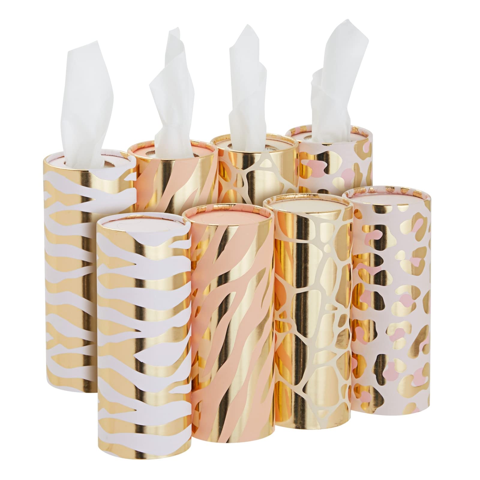 Zodaca 8-Pack Round Car Tissue Box Holders - Travel Size Refillable Cylinder with 4 Animal Print Designs (50 Tissues Each) - Perfect for Road Trips, Commuting & Travel Accessories