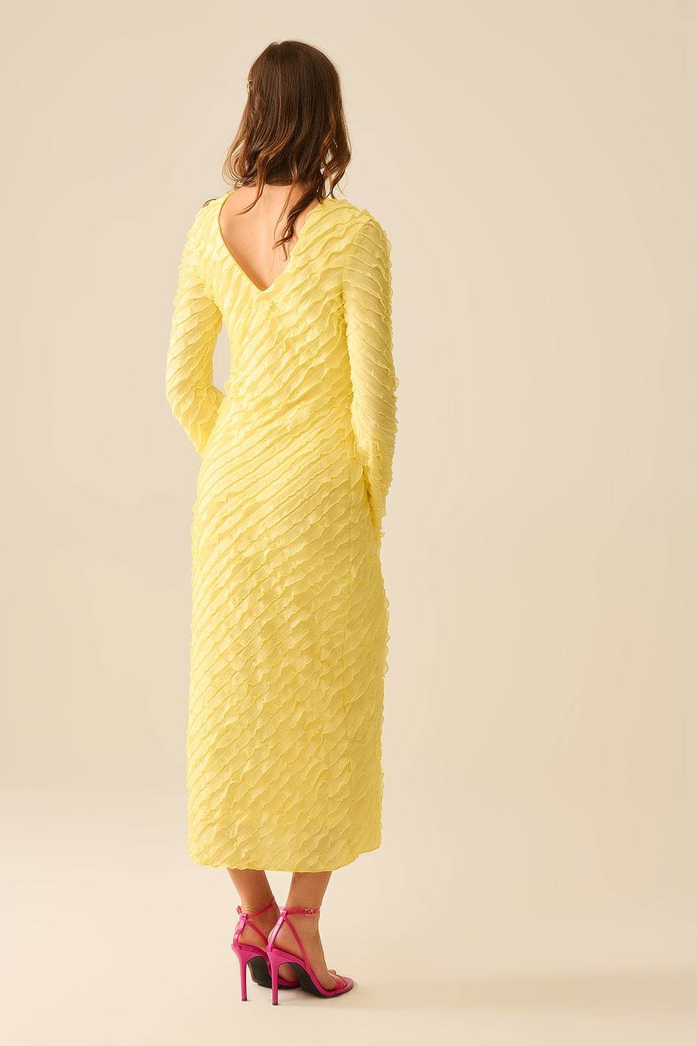 Butter Yellow Maxi Dress with Bias Mini Ruffle Design - Elegant Summer Beach Dress for Women, Perfect for Vacations, Weddings & Outdoor Parties
