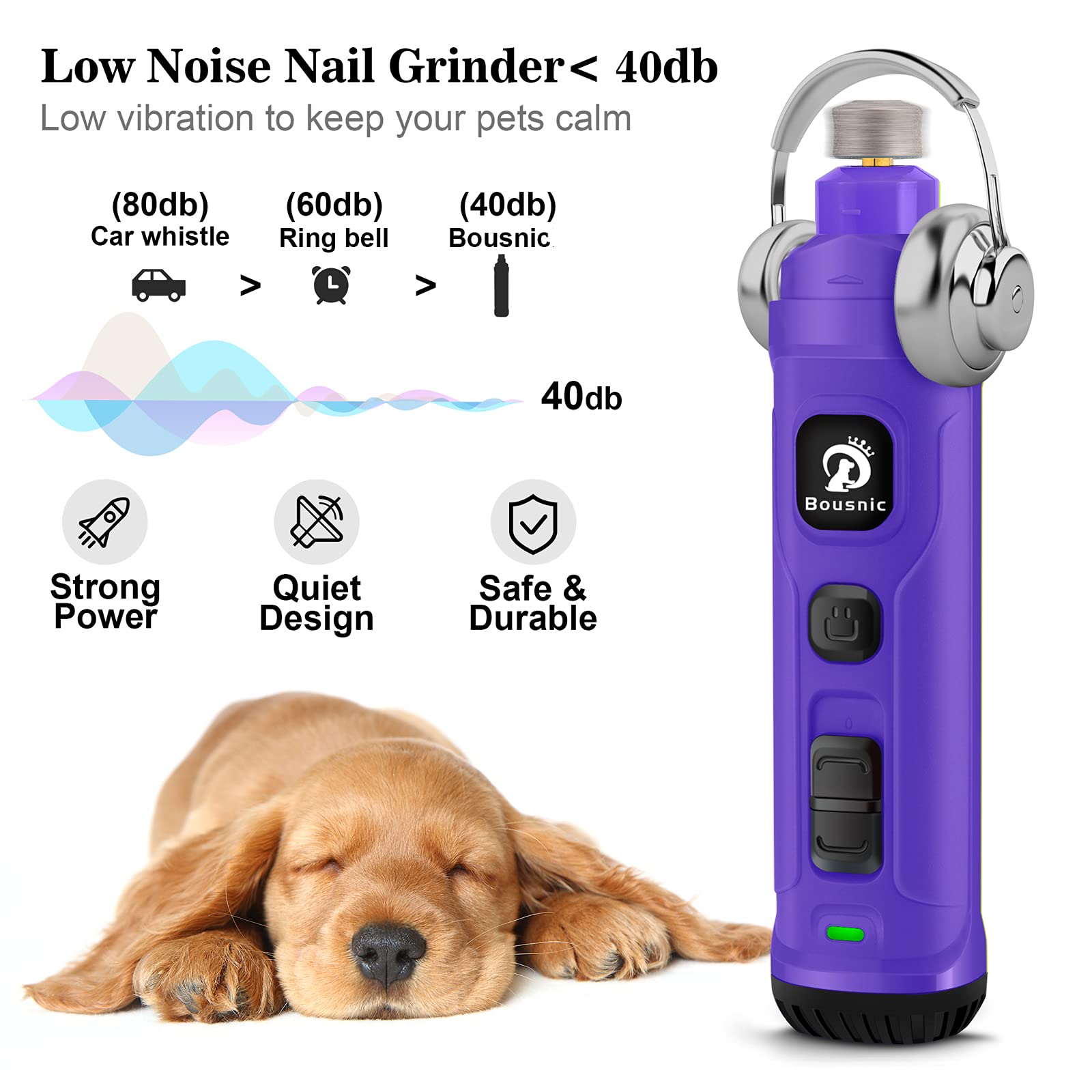 BOUSNIC Super Quiet Dog Nail Grinder with 2 LED Lights - 2-Speed Electric Pet Nail Trimmer for Puppies, Small, Medium & Large Dogs & Cats | Painless Nail Filing for Home Grooming & Vet Visits (Purple)