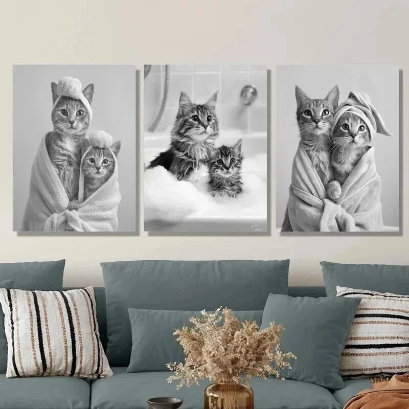 3-Piece Adorable Black and White Cat Wall Art Set - Framed Canvas 50x70cm - High Quality Print - 100% Australian Made - Ready to Hang - Perfect for Living Room, Bedroom & Office Decor