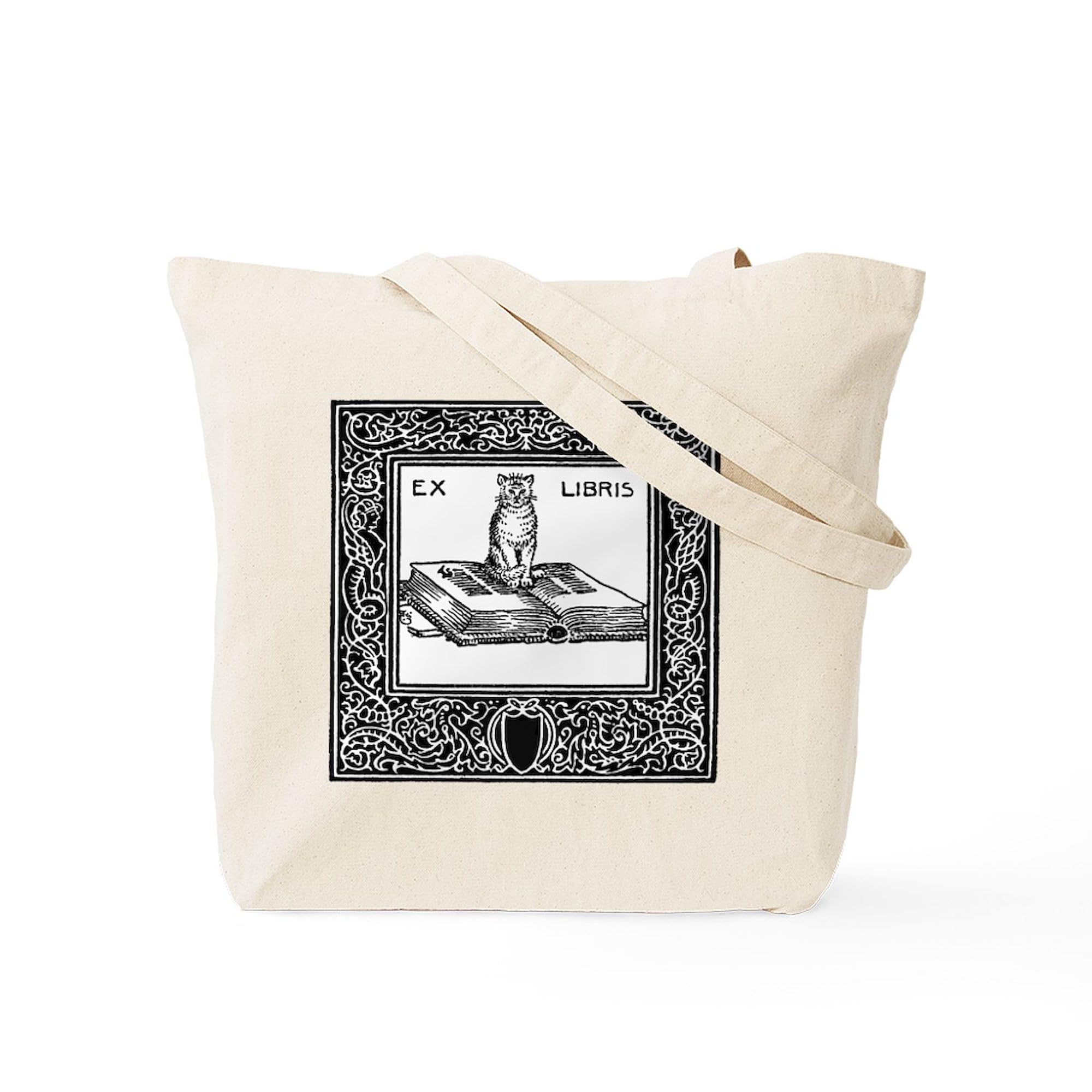 Ex Libris Cat and Book Tote Bag - Natural Canvas Reusable Shopping Bag for Book Lovers, Library Visits & Eco-Friendly Grocery Trips