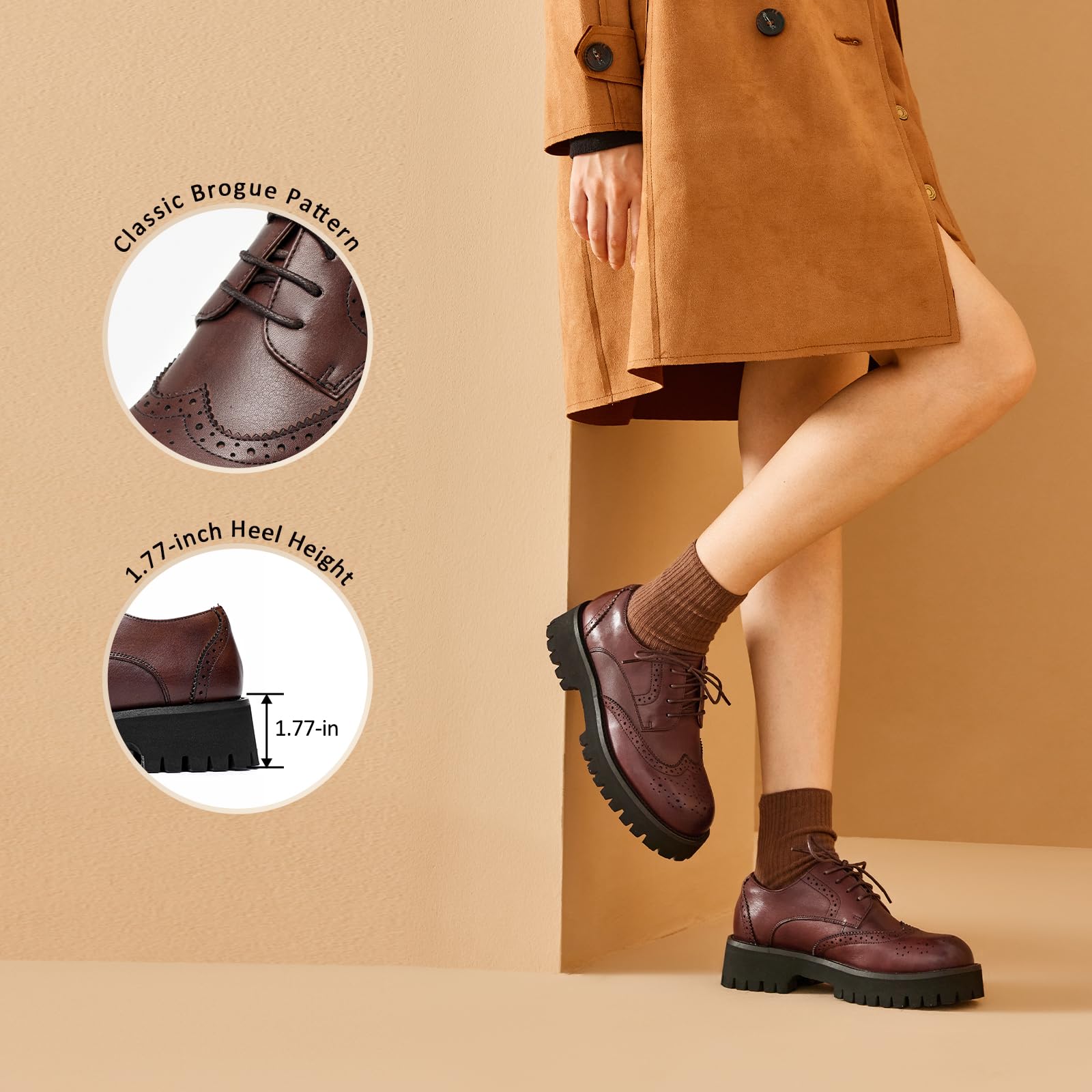 BEAU TODAY Women's Chunky Leather Lace-Up Oxford Shoes - Comfortable Platform Business & Casual Dress Shoes for Office, Work & Everyday Wear