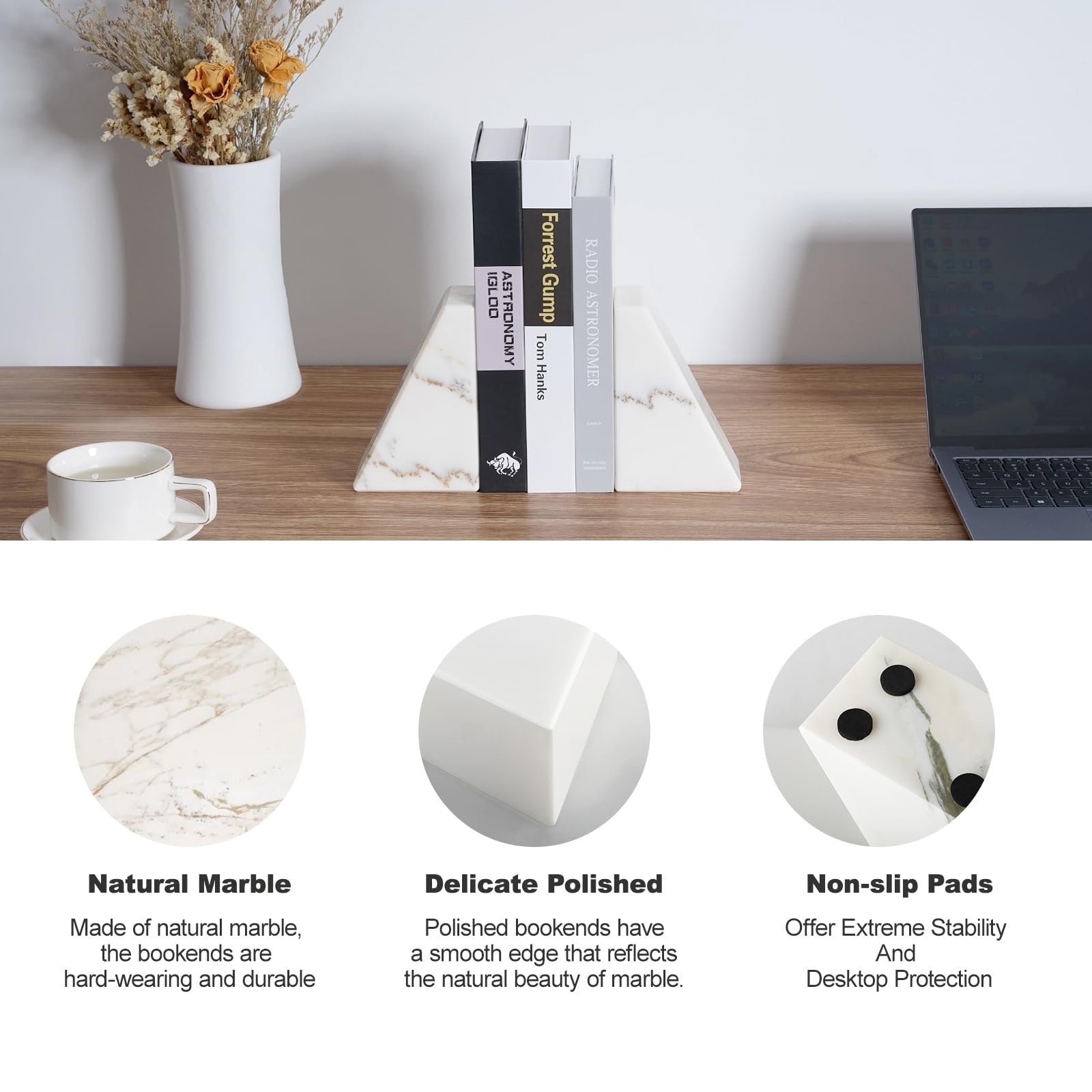 Premium White Marble Bookends Set of 2 - Heavy Duty Decorative Book Stoppers for Shelves | Natural Calacatta Marble Bookends for Home Office & Library Organization | Perfect Gift for Book Lovers & Home Decor