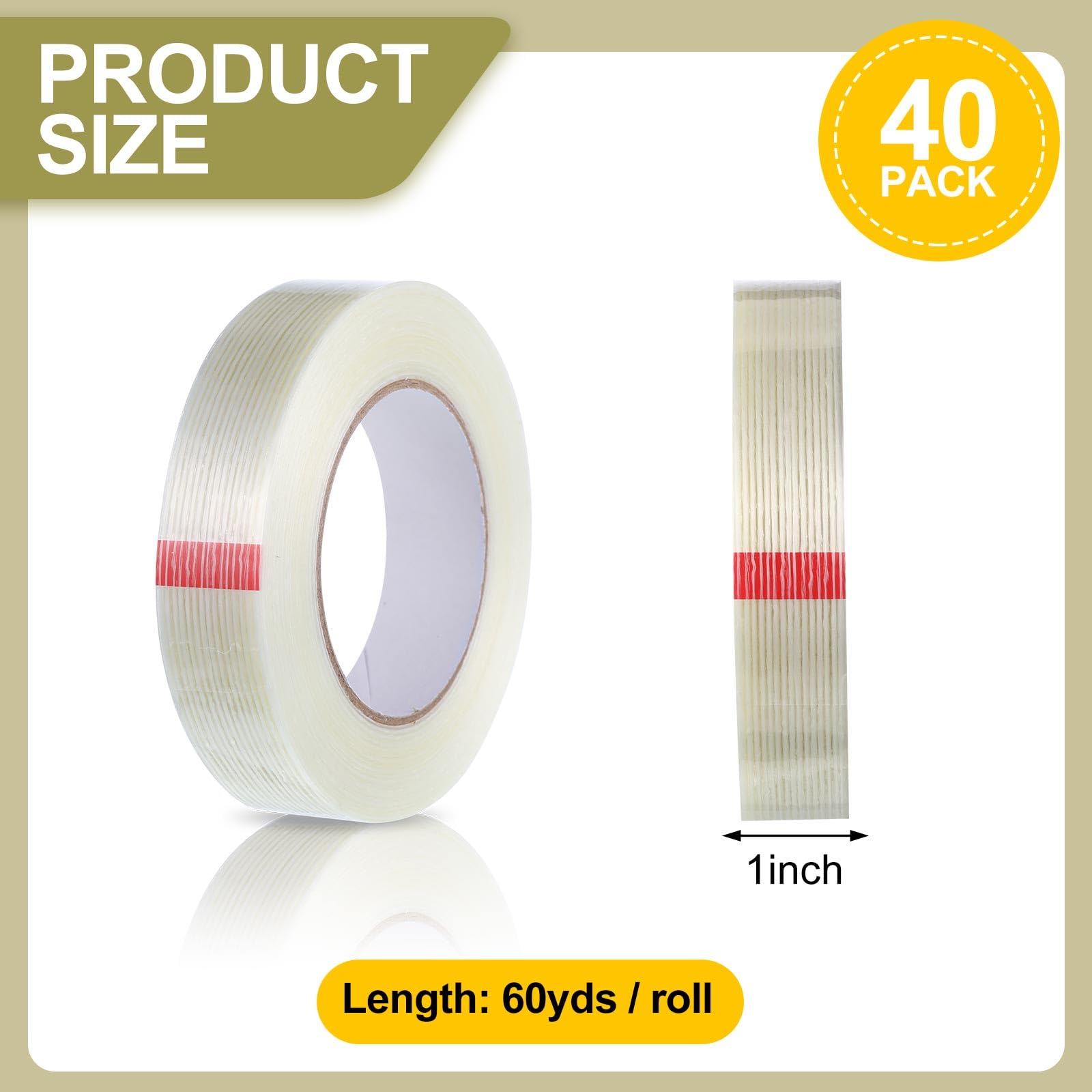 Treela 40 Rolls 1 Inch x 60 Yards Heavy Duty Fiberglass Strapping Tape - 5.5 Mil Transparent Packing Tape for Shipping, Sealing & Binding | Secure Packages, Bundle Items, Fix Broken Objects - Durable Reinforced Packing Solution for Home & Office Use