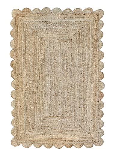 Handwoven Braided Jute Rug - Scalloped Rectangle Natural Beige Carpet for Patio, Entryway, Living Room (3x3 Feet, 90x90cm) | Eco-Friendly & Durable Floor Mat for Home Decor