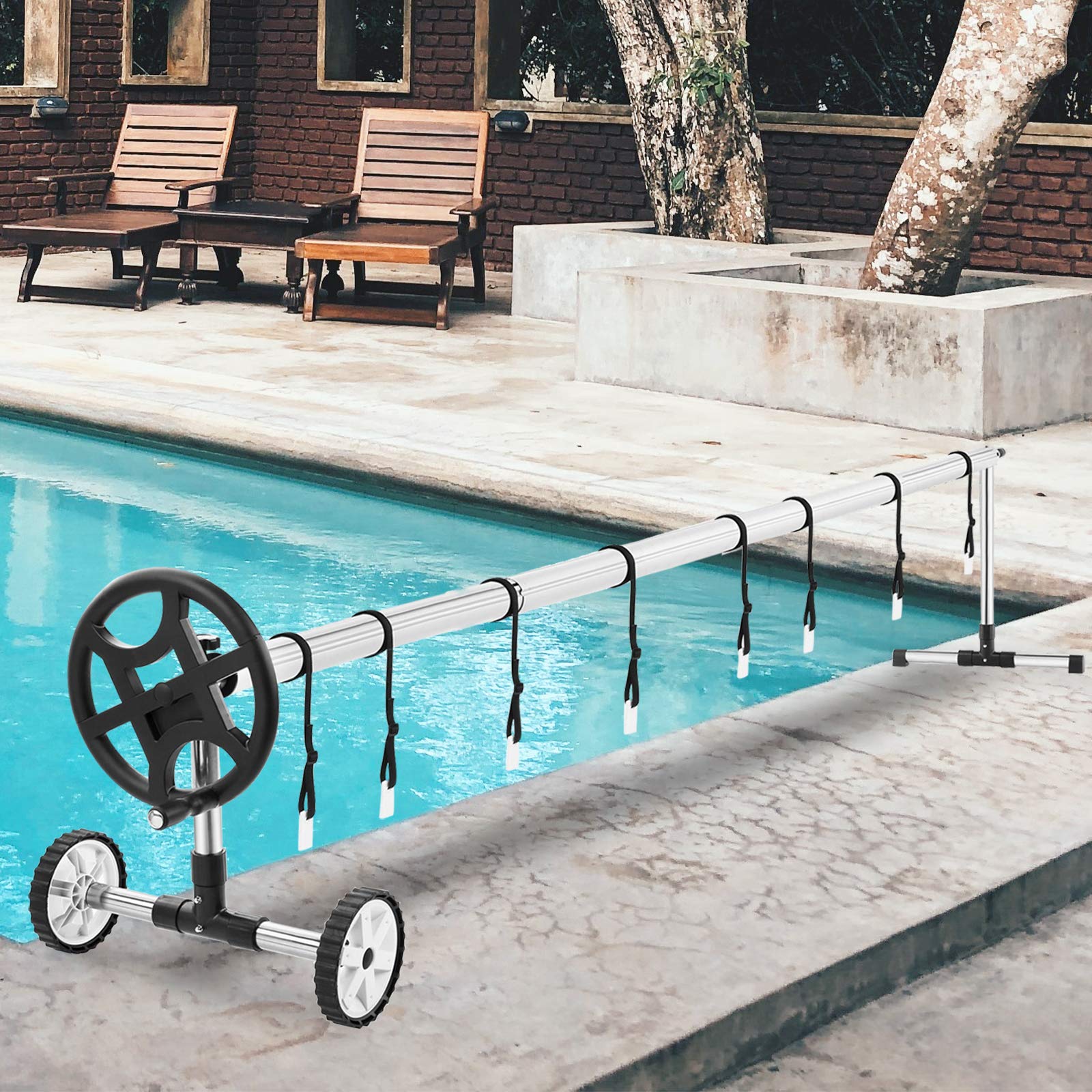 Usinso 22FT Black Solar Cover Reel for Inground & Above Ground Swimming Pools - Heavy Duty Stainless Steel Pool Cover Reel Set - Easy to Install & Durable Design for Year-Round Pool Maintenance & Protection