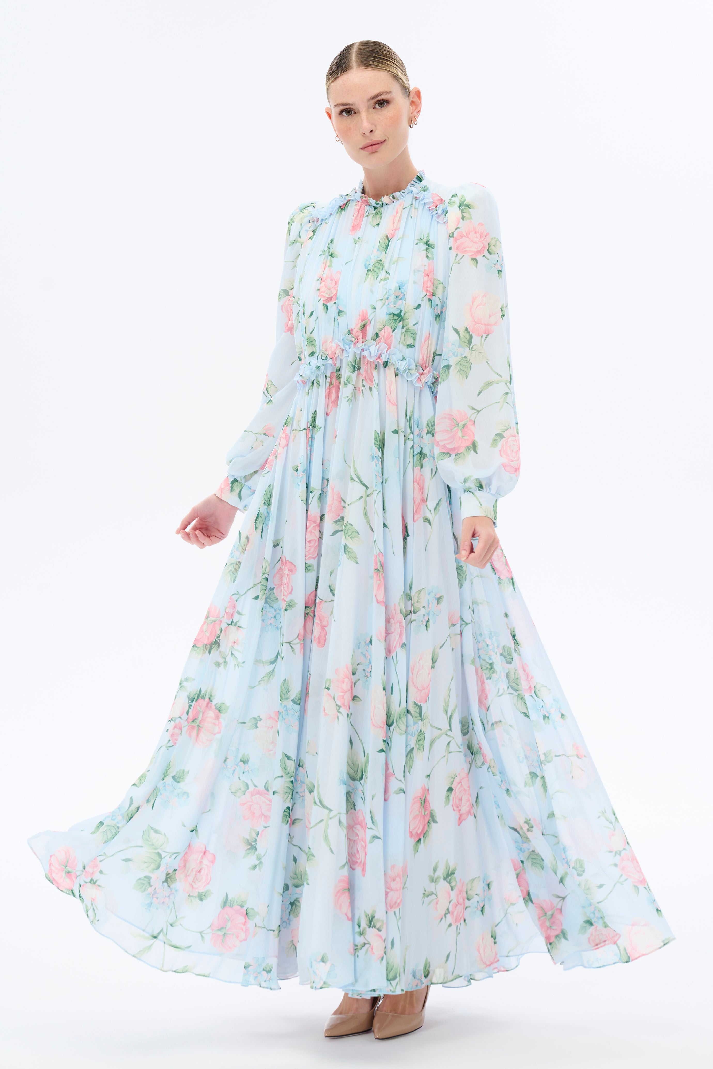 Elegant Floral Long Sleeve Maxi Dress for Women | Boho Chic Morning Blues Dress | Perfect for Spring Weddings, Beach Vacations & Date Nights