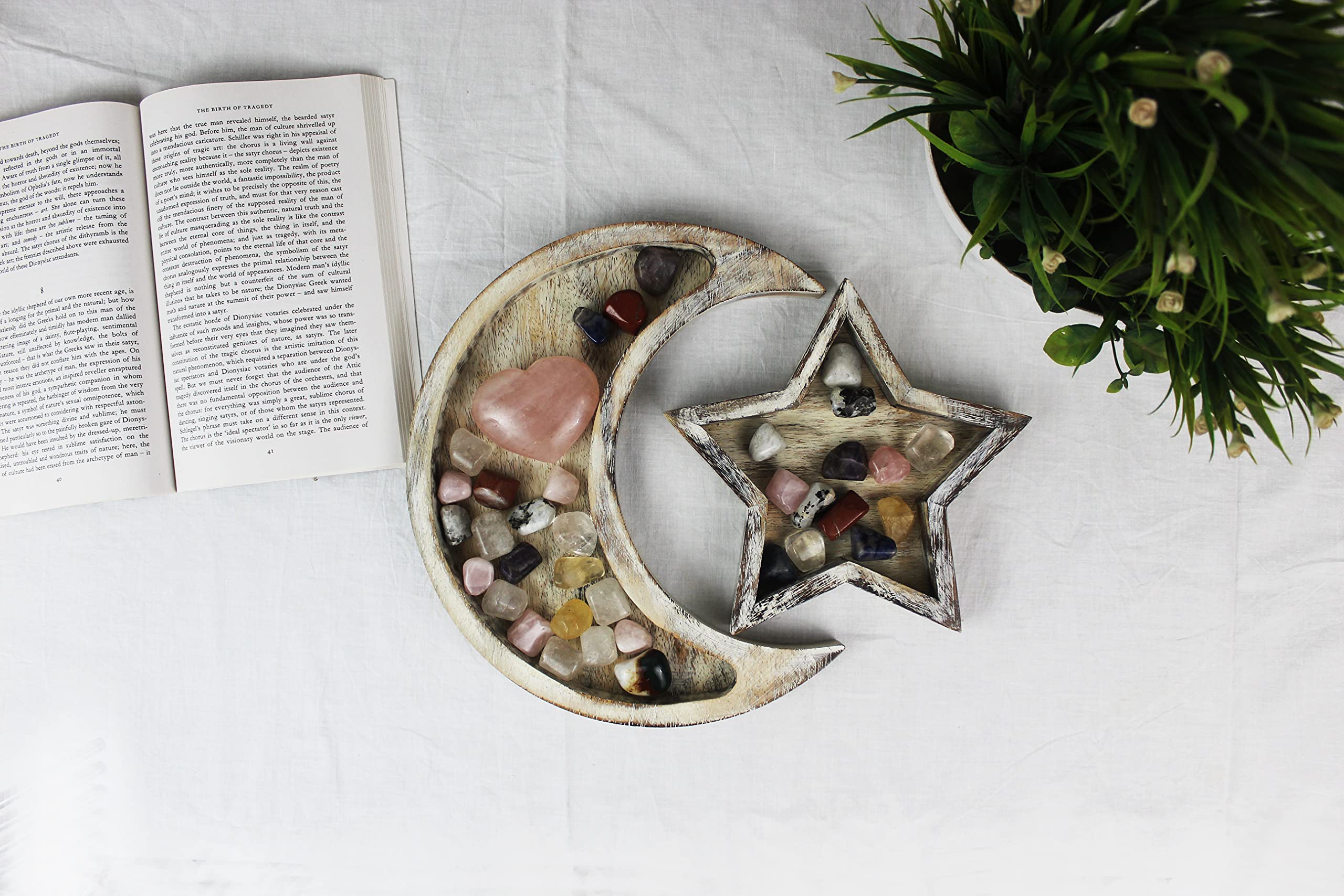 Wooden Crystal Display Tray - Rustic White for Healing Stones & Decor