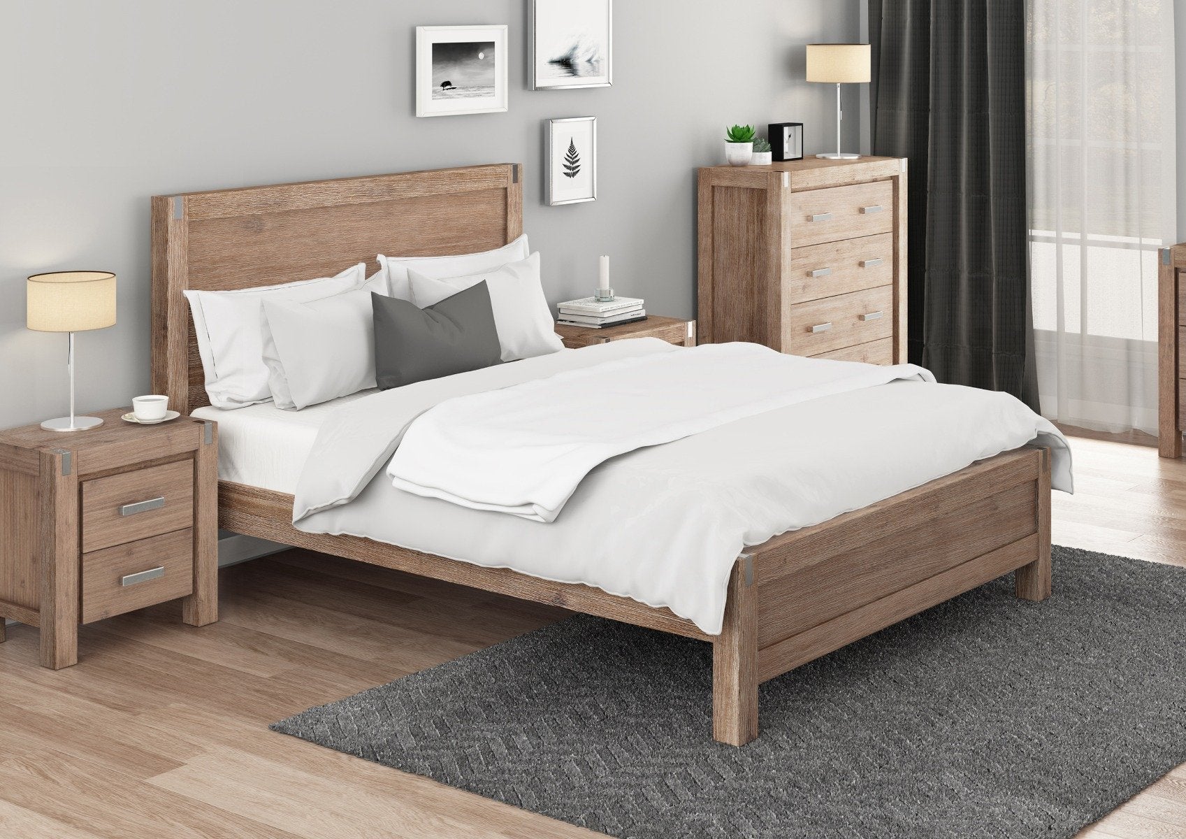 Luxe Nowra Queen Size Solid Wood Veneered Acacia Bed Frame with Oak Finish - Elegant & Durable Bedroom Furniture for Modern Home Decor