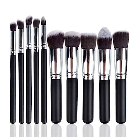 Premium Synthetic Kabuki Makeup Brush Set - 10-Piece Foundation, Blush & Eyeshadow Brush Kit with Blender Sponge & Brush Cleaner (Black/Silver) | Professional Makeup Tools for Flawless Contouring & Airbrush Finish | Perfect for Daily Makeup, Bridal & Photo Shoots