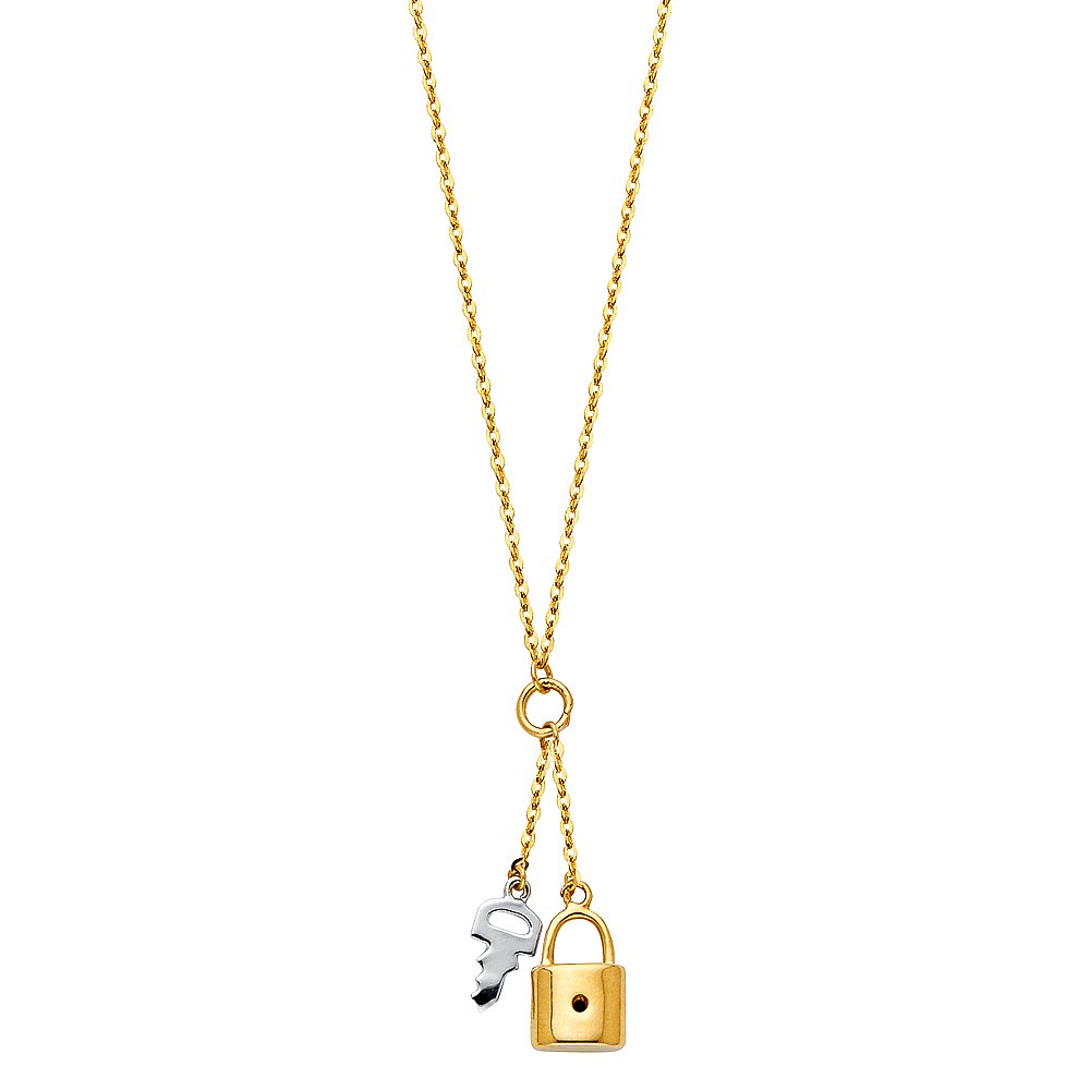 14K Two-Tone Gold Mini Lock & Key Charm Pendant Necklace - 17