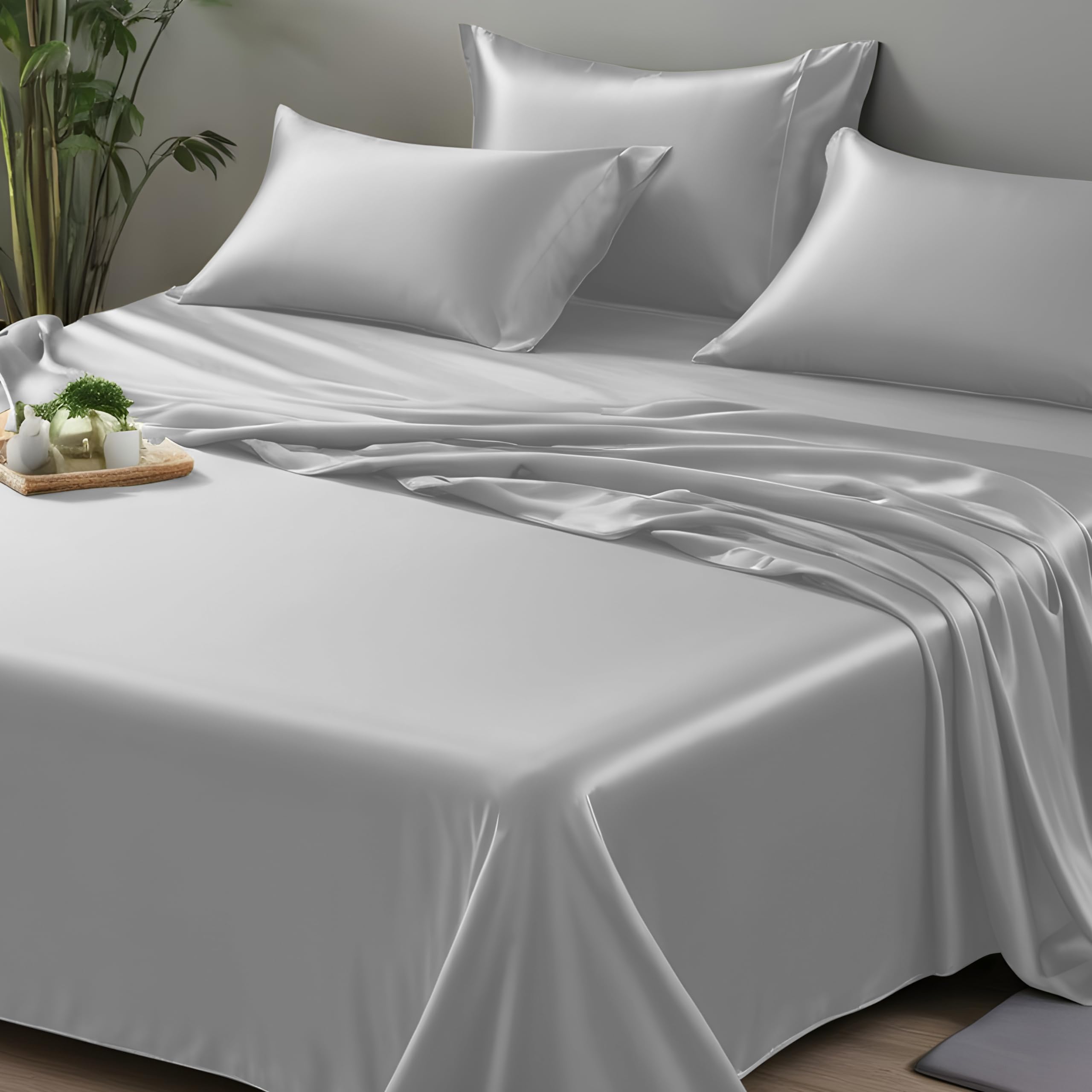 Premium Bamboo Rayon Twin Flat Sheet - Ultra Soft, Breathable & Cooling Bed Sheet for Hot Sleepers - Silver (Twin Size) - Perfect for Summer Nights & Guest Bedrooms