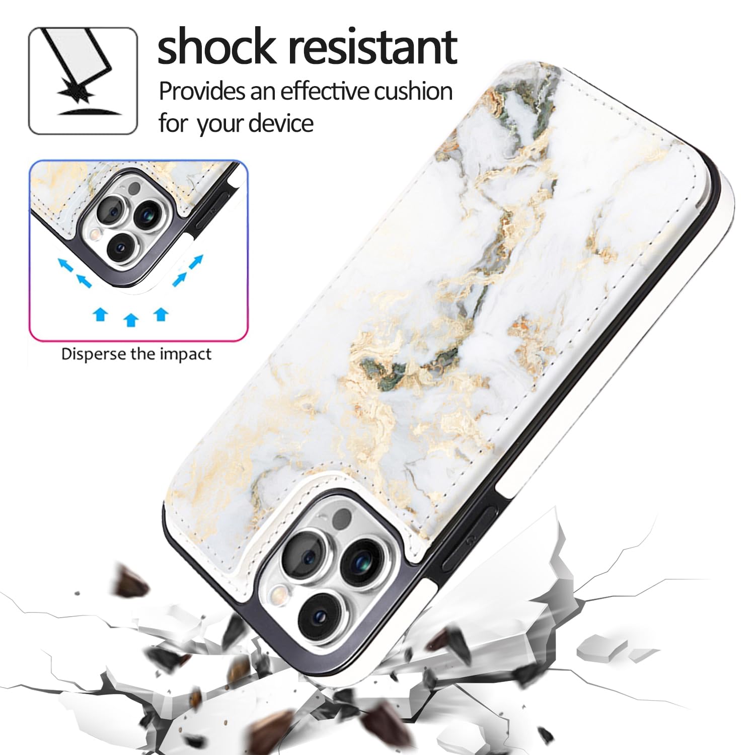 White Golden Marble iPhone 13/12 Pro Max Wallet Case with Card Holder & Kickstand - Slim Protective Flip Cover with Card Slots for 6.7 Inch iPhone - Perfect for Business, Travel and Everyday Use
