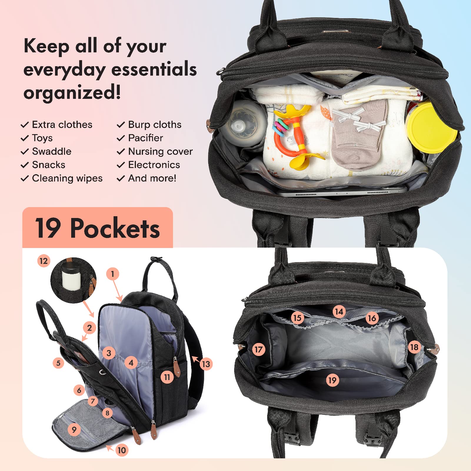 Diaper Bag Backpack with Changing Pad & Stroller Straps - Large Unisex Baby Bag for Boys & Girls - Waterproof Travel Backpack for Moms & Dads - Perfect for Daycare, Travel & Outings - Black
