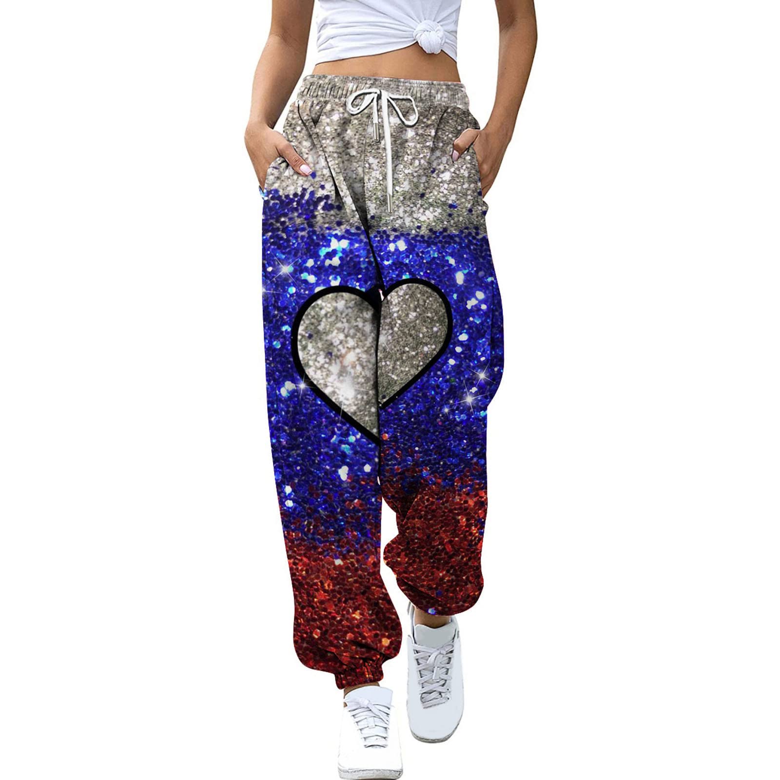 Women's High Waist Printed Sweatpants with Pockets - Athletic Fit Casual Joggers - Linen Blend Trousers for Yoga, Running & Lounge Wear