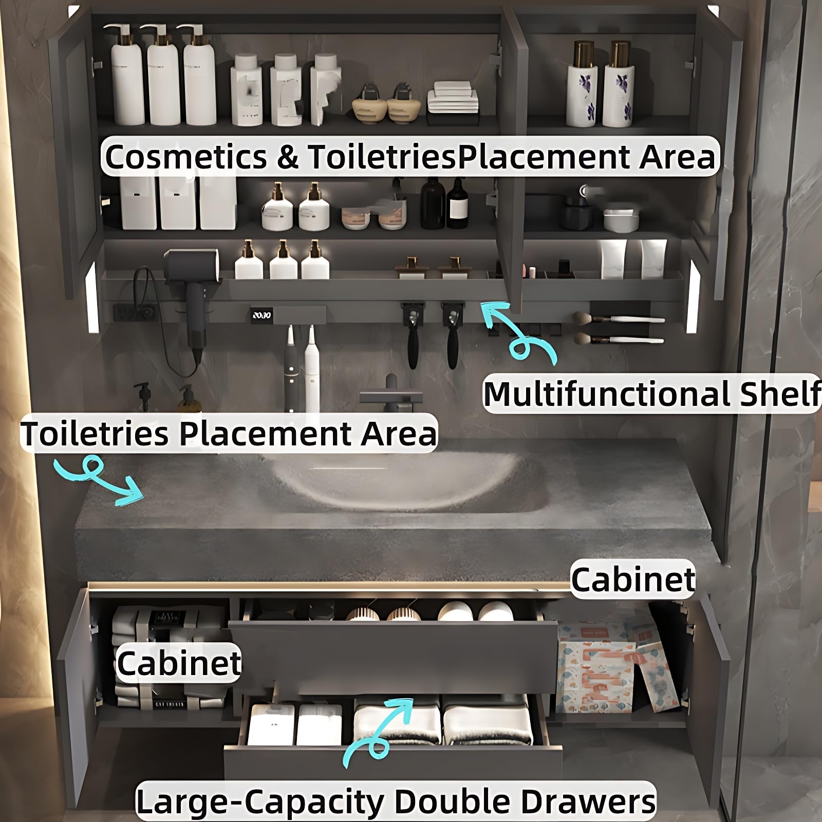 Modern LED Bathroom Vanity Set with Smart Mirror & Sink - 40IN Grey Storage Cabinet for Home Bathroom