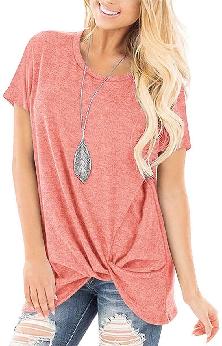 Women's Casual Loose Fit T-Shirts - Long & Short Sleeve Twist Knot Tie Front Comfy Tee for Everyday Wear, Work, and Outings