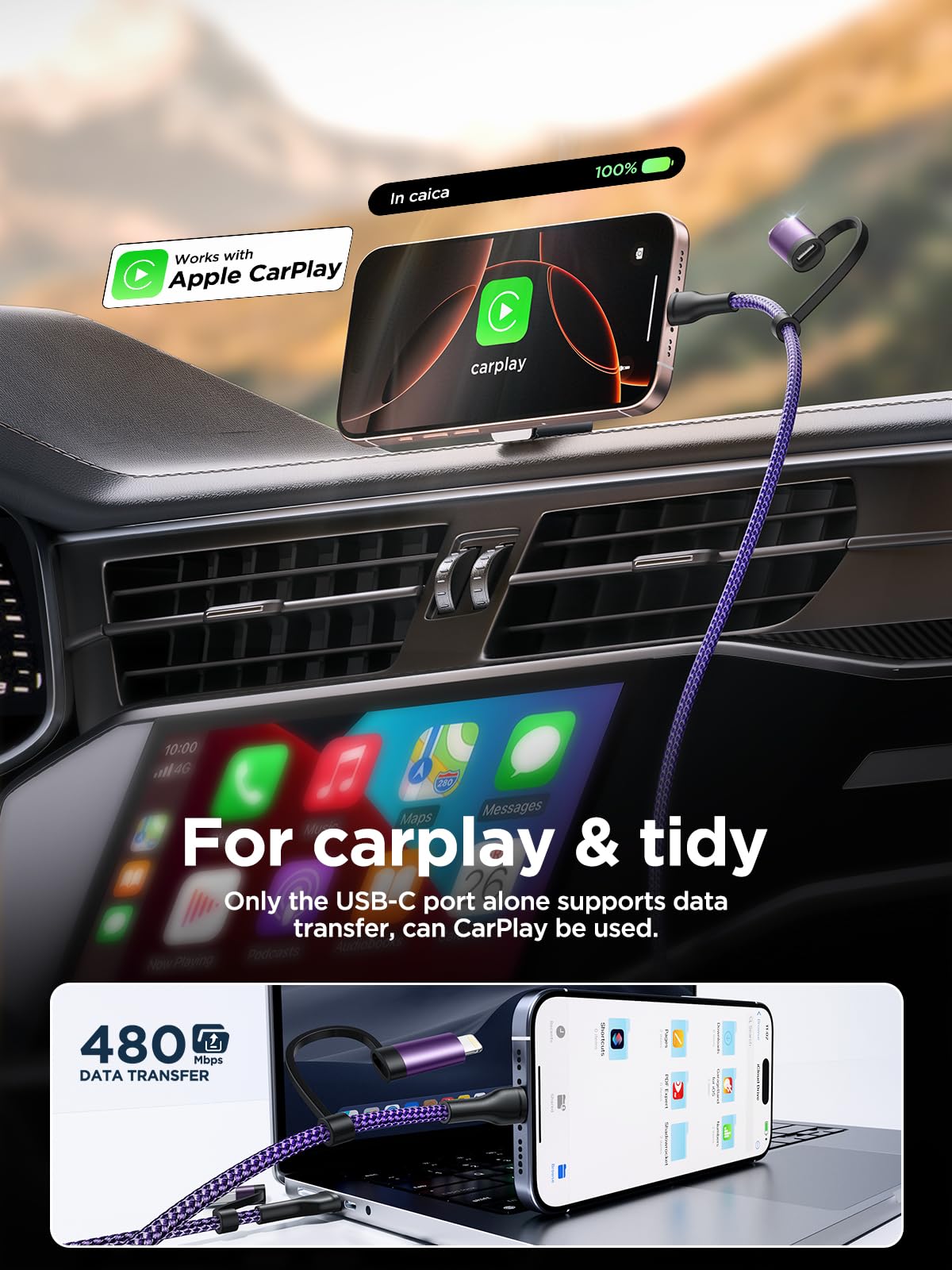 4-in-1 Fast Charging Cable 60W 6FT - MFi Certified USB C to Lightning & USB A/C to C/Lightning Cable - Nylon Braided Durable Charger for iPhone 16/15/14/13 Pro, iPad, Samsung, MacBook - Perfect for Home, Office & Travel Charging