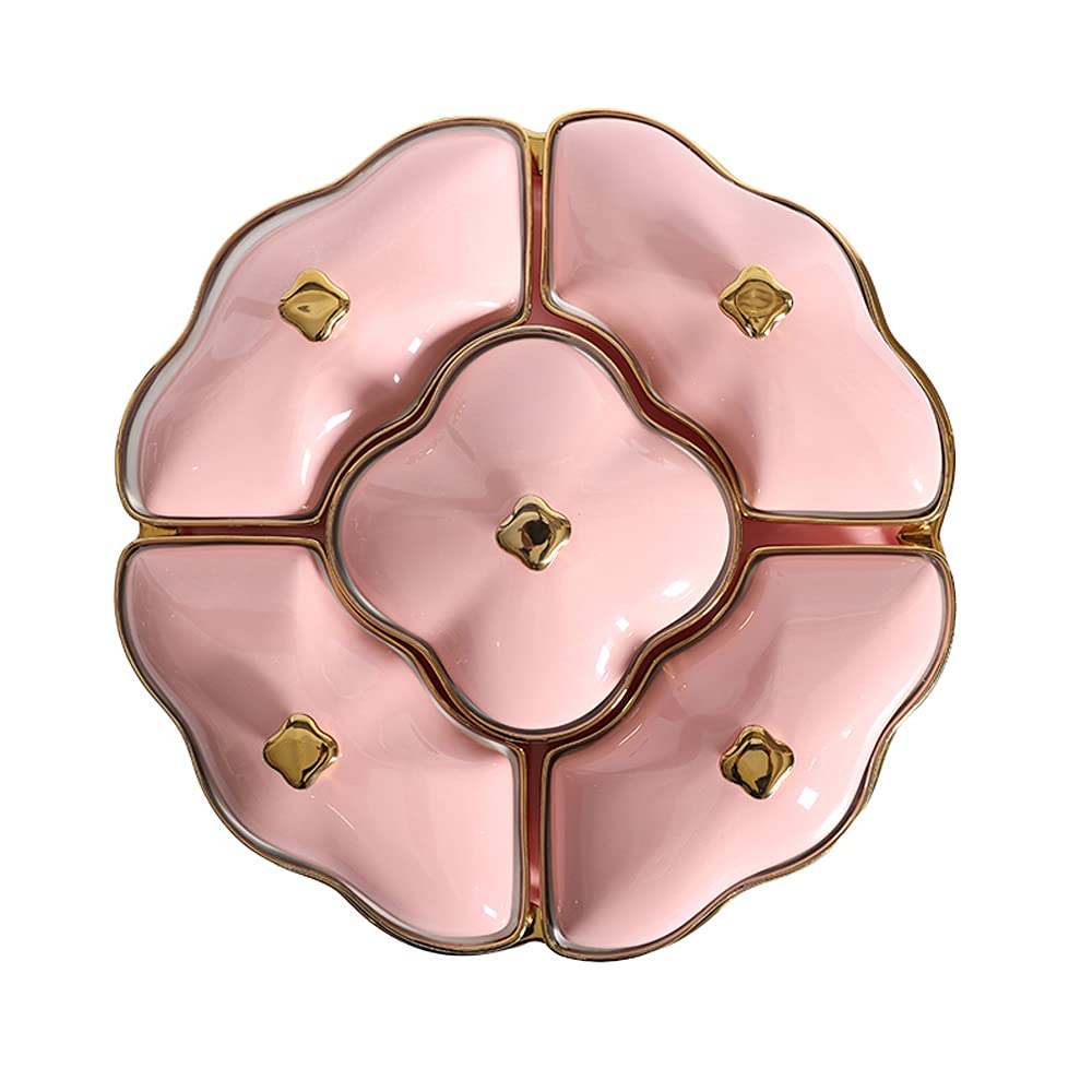 Nordic Ceramic Dried Fruit Tray with Lid - Rotatable Multifunctional Snack Bowl Set for Living Room, Kitchen & Dining | Elegant Divided Serving Dish for Fruits, Nuts, Candy & Party Snacks