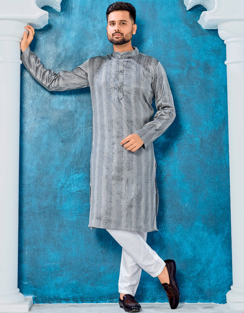 Elegant Cool Grey Kurta with Heavy Jacquard Silk Pants - Perfect for Festivals, Weddings & Special Occasions