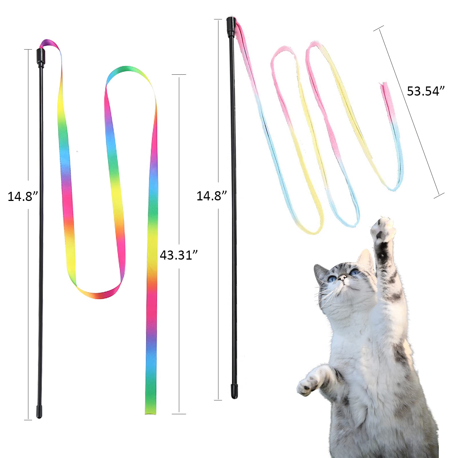 2 Pack Interactive Rainbow Cat Wand Toys with Ribbon - Colorful Kitten Teaser Wand for Indoor Play & Exercise, Strengthen Bond with Your Cat - Perfect for Training, Playtime & Interactive Fun