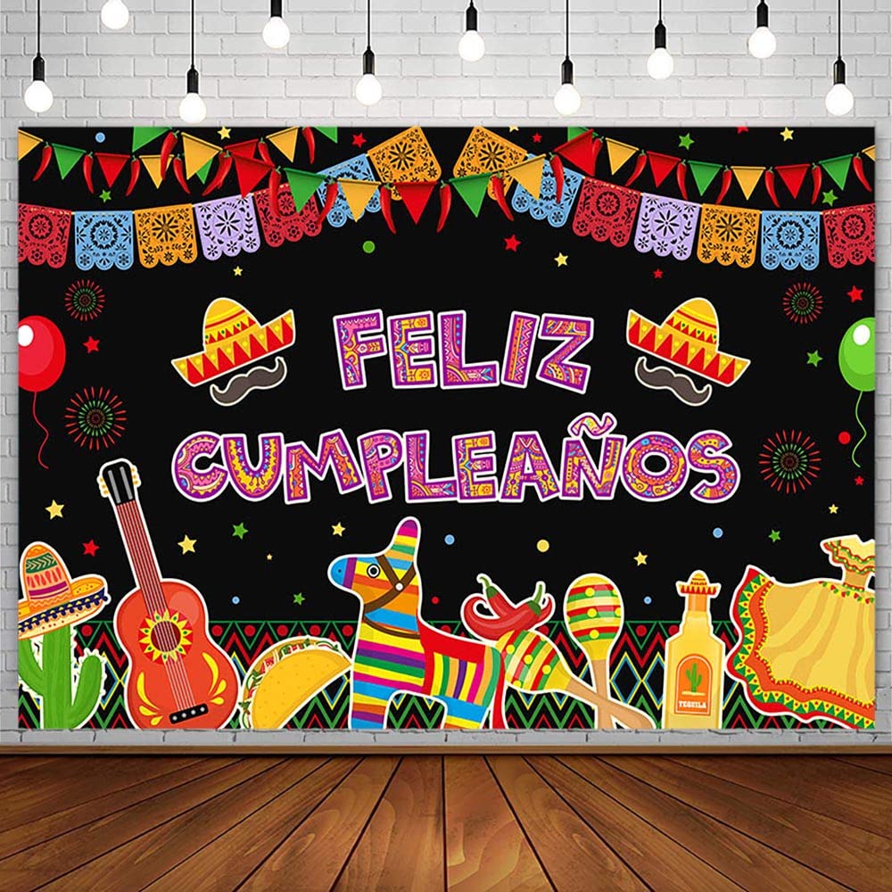 7x5ft Mexican Fiesta Happy Birthday Backdrop - Feliz Cumpleaños Party Decor with Cactus Balloons for Cinco De Mayo, Carnival, Bday Cake Table & Photography Background - Perfect for Mexican-Themed Parties, Photo Booths & Social Media Content