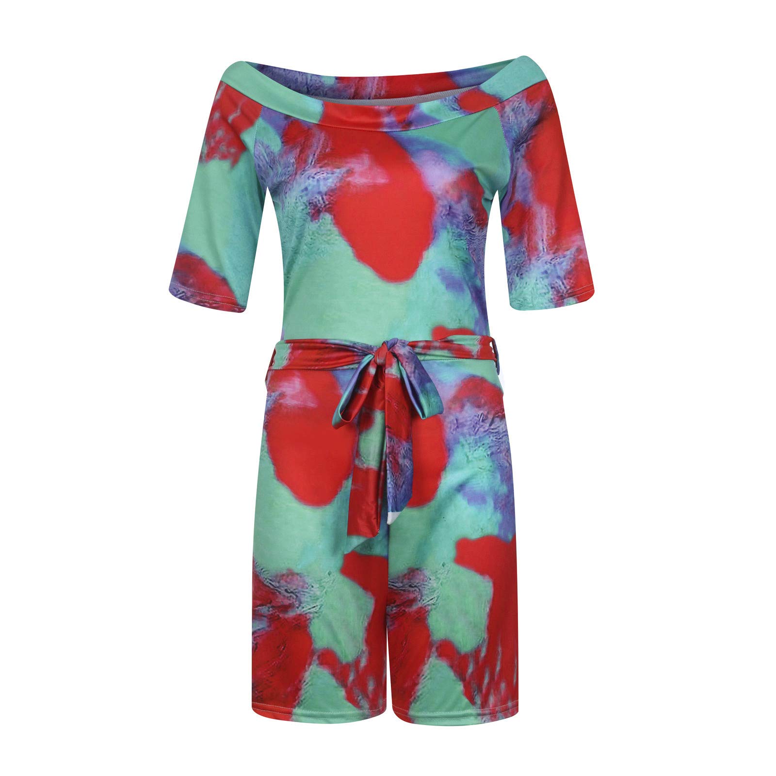 Ylioge Women's Fashion Short Sleeve Tie-Dye Print Off Shoulder Casual Playsuit Jumpsuit - Perfect for Summer Beach, Music Festivals & Vacation Outfits