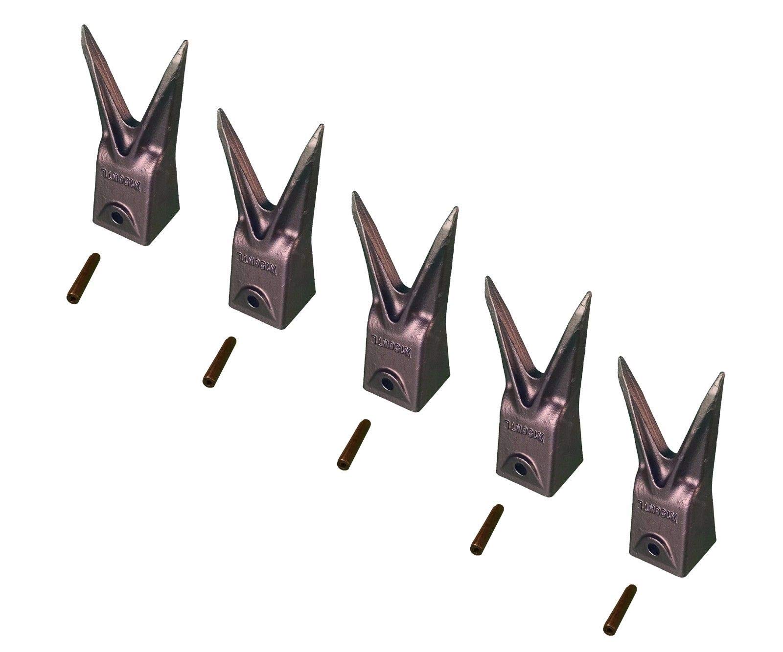 5-Pack Hensley Style Twin Tiger Rock Bucket Teeth with Roll Pins - X156WTL & P156 Replacement Parts for Excavator & Loader Buckets - Heavy Duty Construction & Mining Equipment Accessories