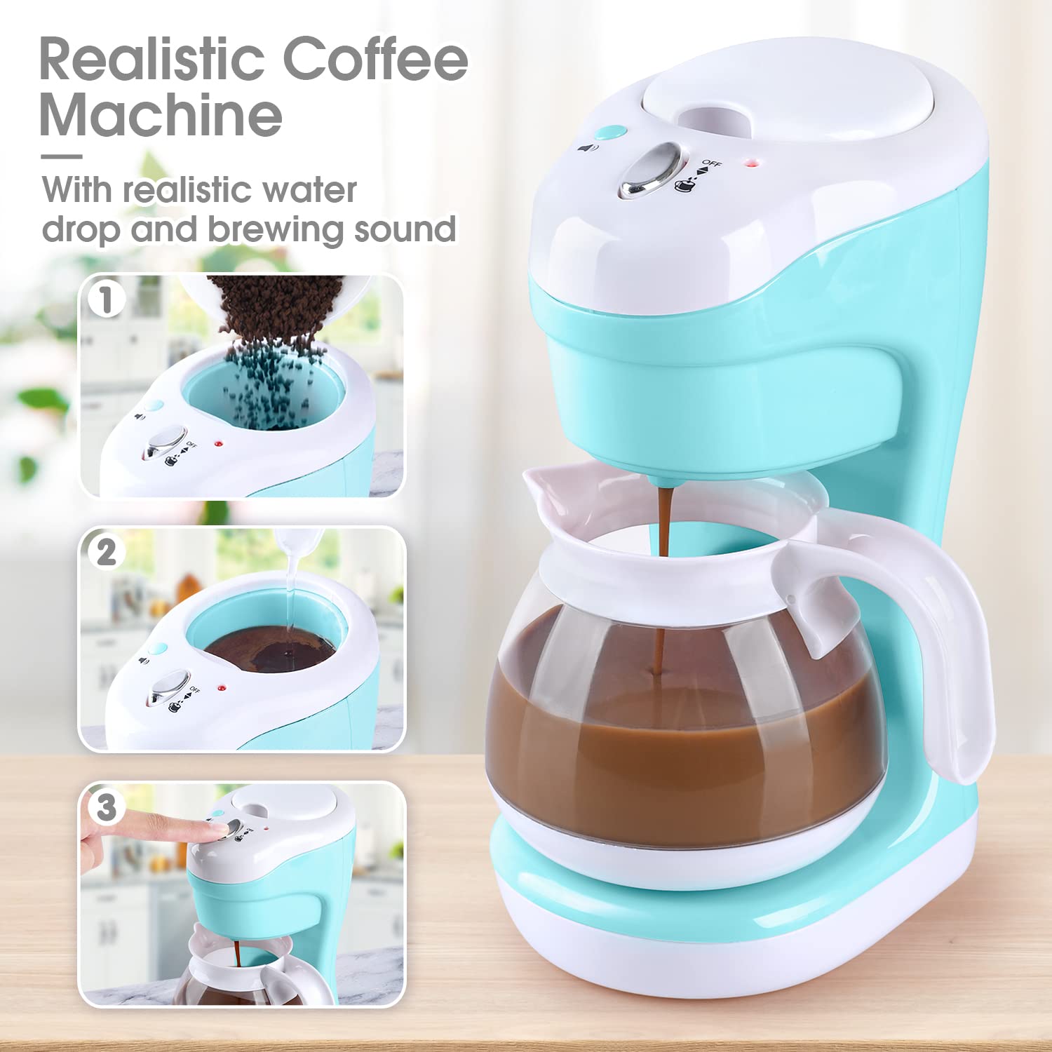 **Kids Pretend Play Kitchen Toys Set - Realistic Coffee Maker, Mixer & Toaster with Lights & Sounds - Educational Role Play Toys for Girls & Boys Ages 3-8 - Perfect Gift for Birthday & Christmas - Fun for Home & Preschool Playtime**