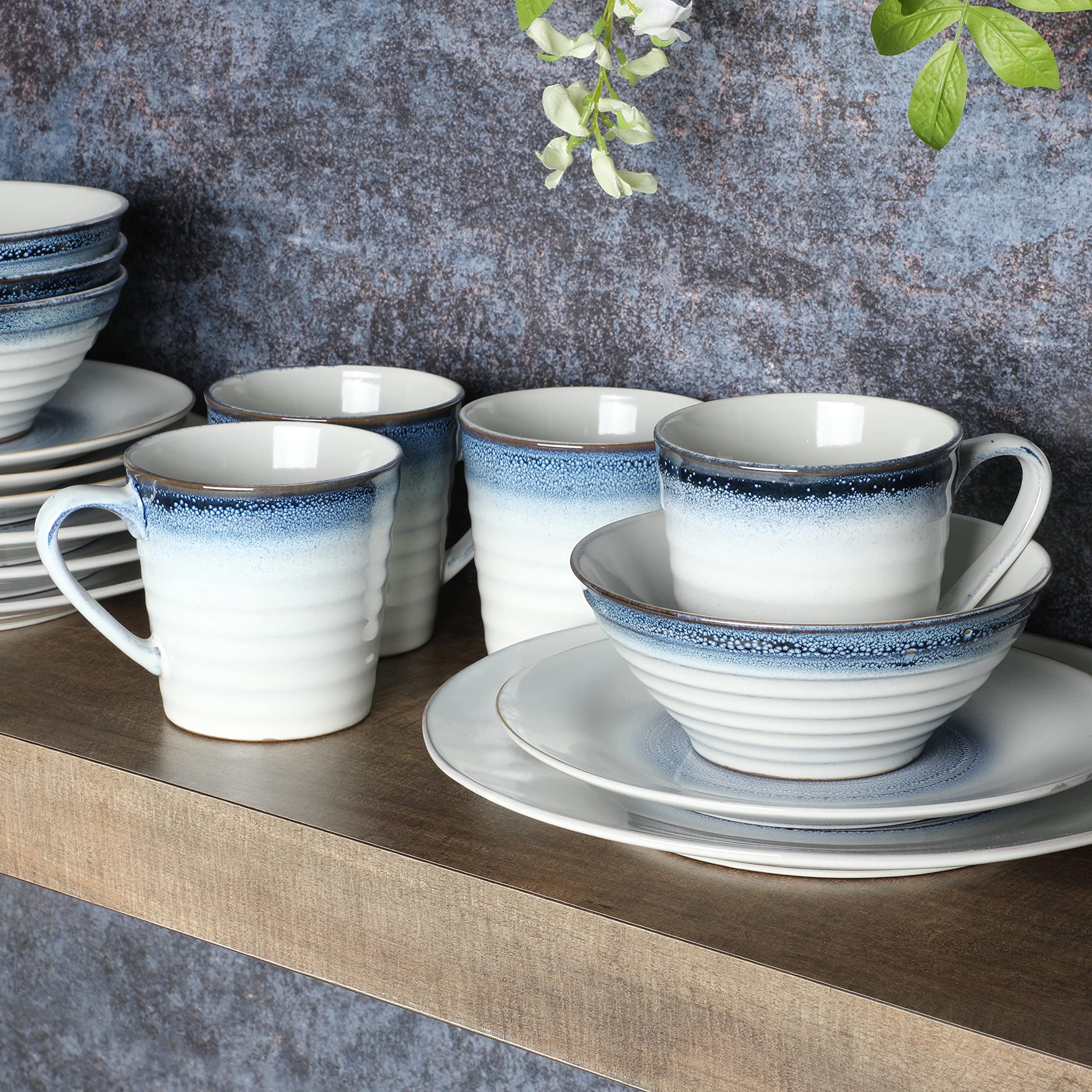 Premium Gibson Elite Spiral Reactive Embossed Dinnerware Set - 16-Piece Blue Porcelain Dinner Plates & Bowls, Service for 4 - Elegant Formal Dining, Holiday Entertaining & Everyday Family Meals