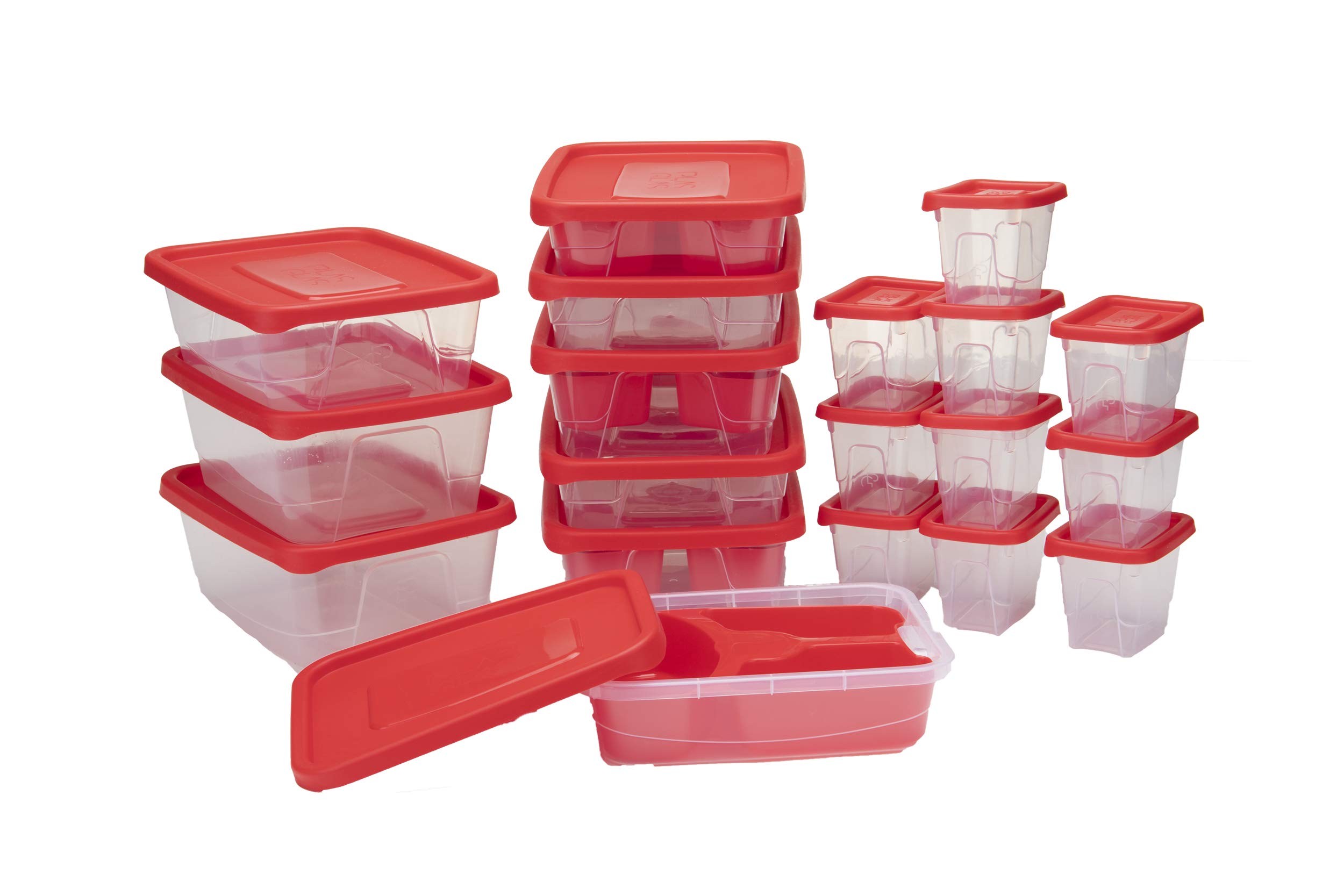 Mind Reader Meal Prep Food Storage Containers with Lids - 19-Piece BPA-Free Plastic Container Set (42 Pieces Total, 89.5 Cups Capacity) - Removable Compartment Sectionals for Portion Control - Perfect for Meal Prepping, Leftovers & Office Lunches - Red