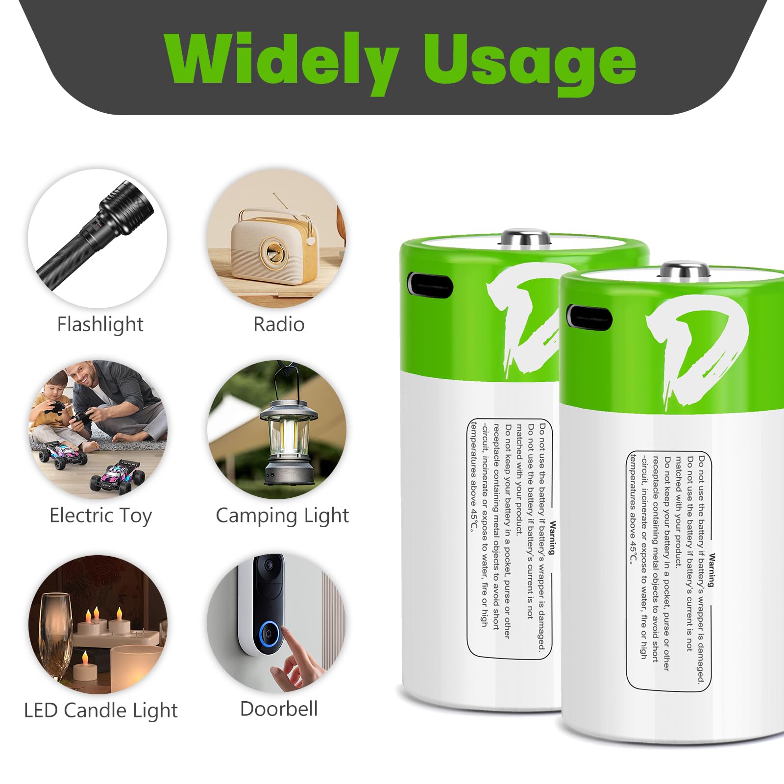 7500mWh Rechargeable D Batteries 4 Pack - Long Lasting 1.5V Li-ion D Cell Batteries with USB-C Charging Cable - Perfect for Flashlights, Toys, Emergency Kits & Outdoor Gear (4 Count)