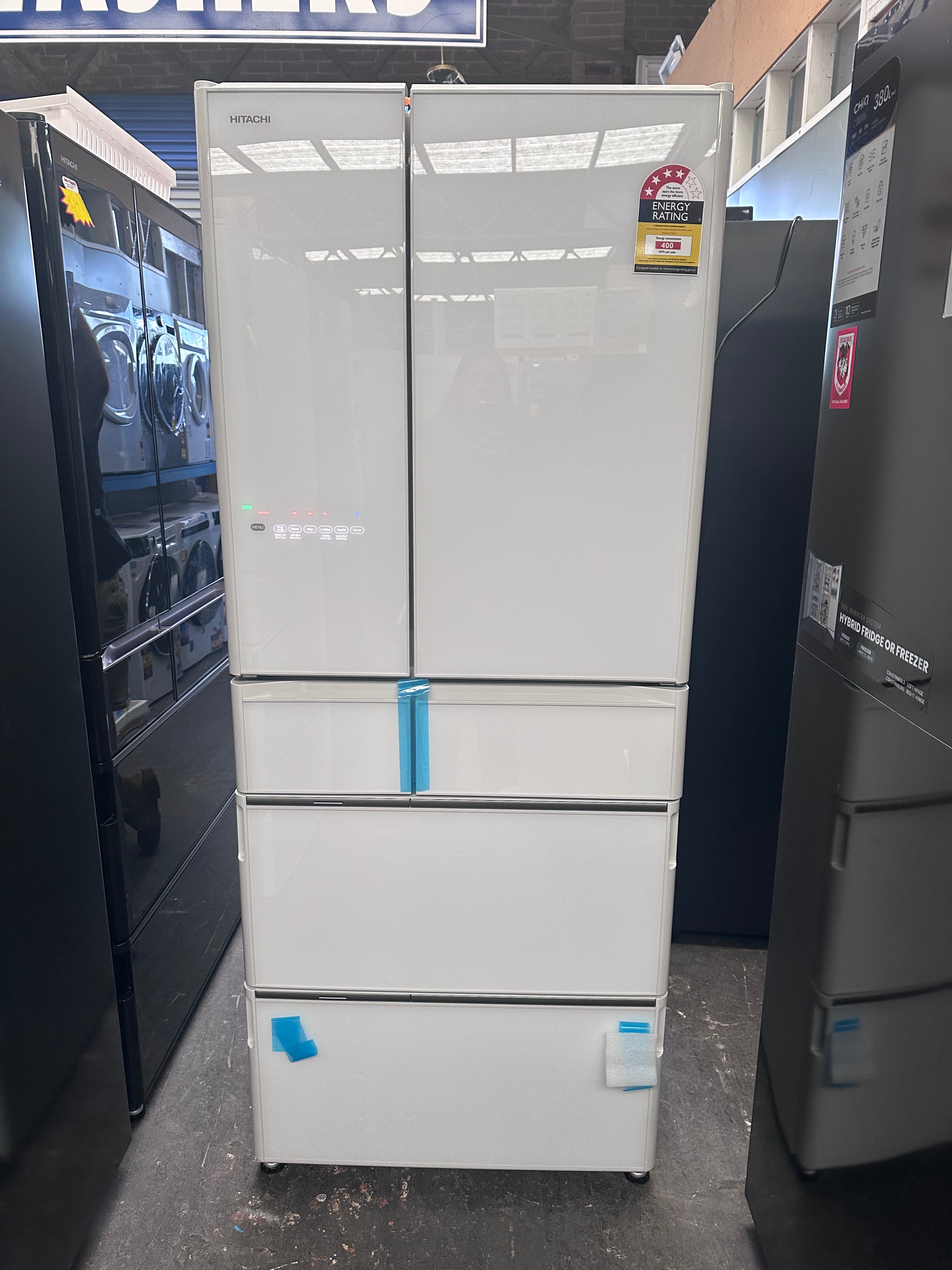 Hitachi 615L White Glass Finish French Door Refrigerator RWX620KAXW with Non-Plumbed Ice Maker - Japanese Made Energy Efficient Fridge for Modern Kitchen | Black Friday Special | Factory Second