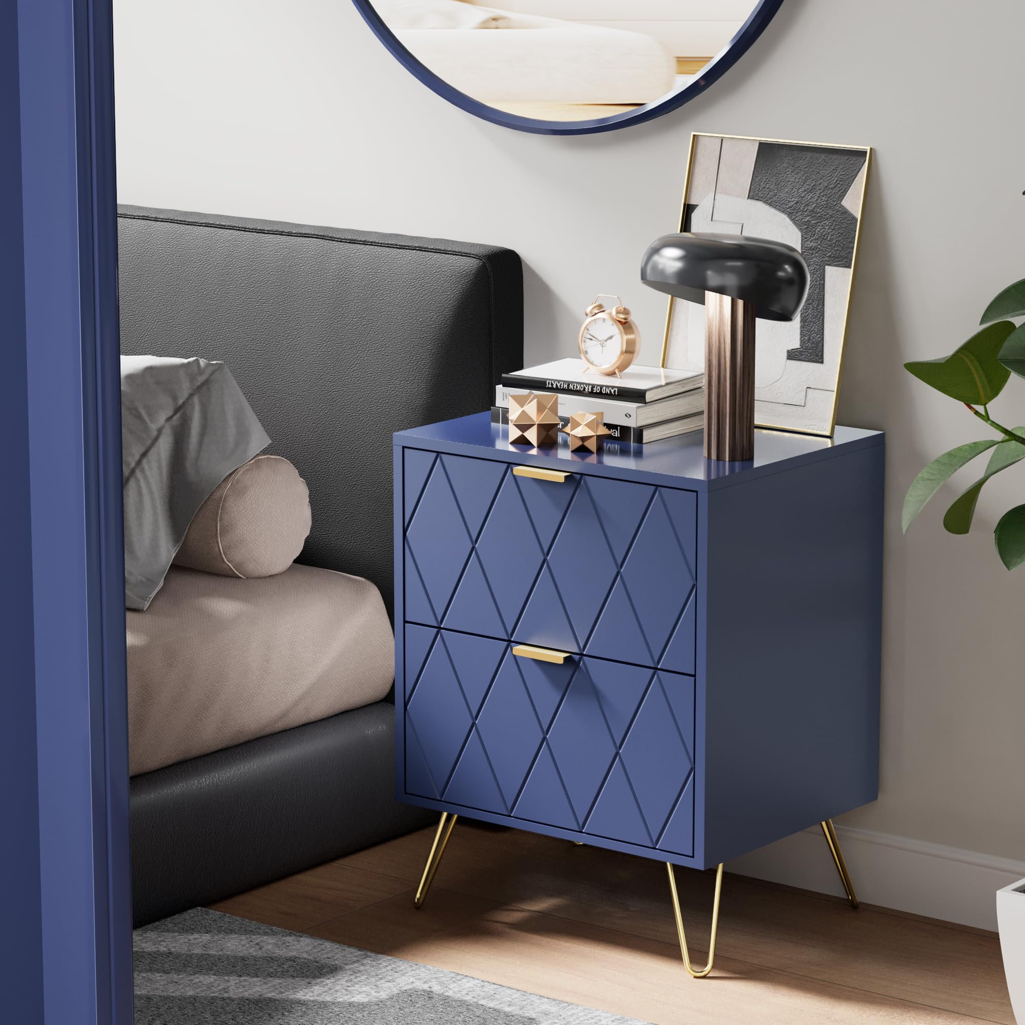 Anbuy 3-Piece Navy Blue Bedroom Furniture Set - 9-Drawer Dresser & 2 Nightstands with 2 Drawers Each, Solid Wood Bedroom Storage for Master Bedroom, Guest Room or Dorm Organization