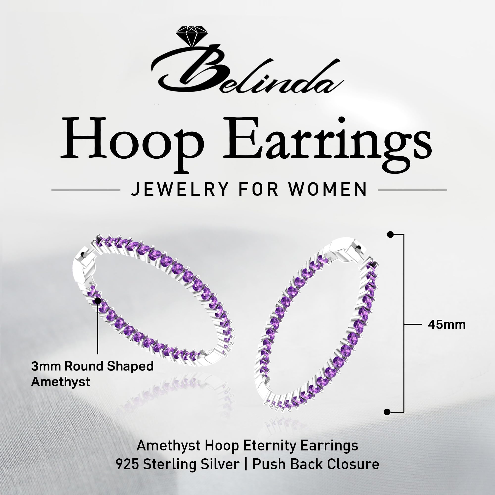 62 Colored Gemstone Hoop Earrings for Women - 925 Sterling Silver Birthstone Eternity Earrings with Push Back Closure (1.73