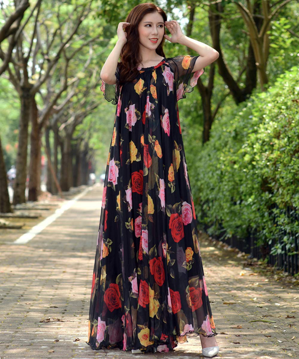 MedeShe Women's Bohemian Floral Print Short Sleeve Maxi Dress - Perfect for Summer Beach Vacations, Music Festivals & Boho Chic Outfits