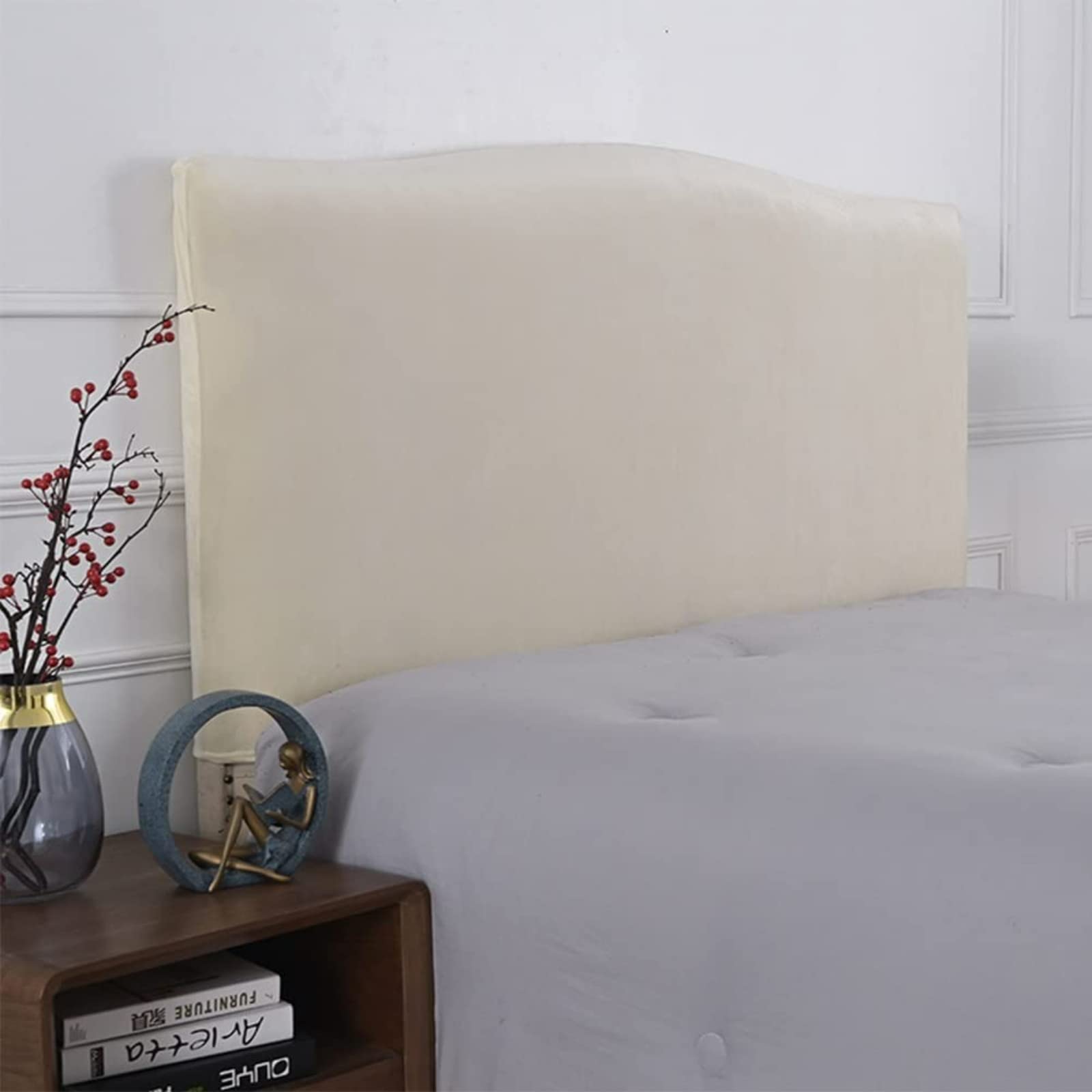 Velvet Stretch Headboard Slipcover for Queen King Full Size Beds - Soft Dustproof Protector Cover (Beige, Fits 75-83in Headboards) | Elegant Bedroom Upgrade & Home Decor Solution