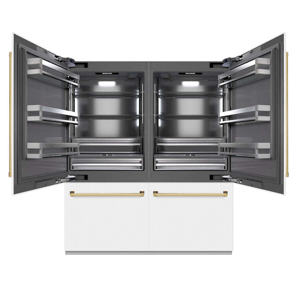 ZLINE Autograph Edition 72-Inch French Door Built-In Refrigerator with Bottom Freezer - 39.6 cu.ft Capacity, Water Dispenser & Ice Maker - White Matte Exterior with Graphite Gray Interior & Polished Gold Accents (GRBITZ WM 72 G) - Perfect for Modern Kitchens, Luxury Homes & Gourmet Cooking Spaces