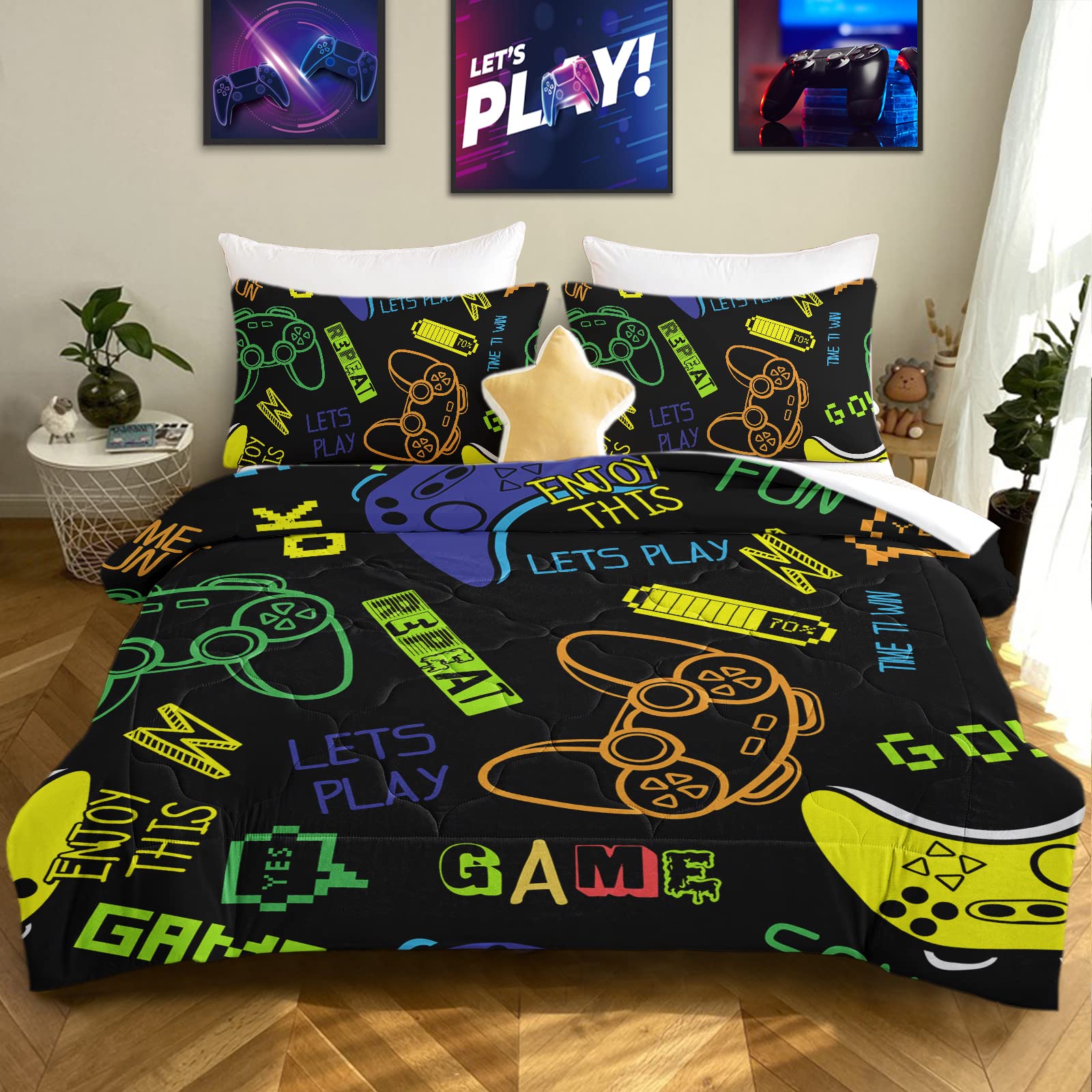 BEDMUST Boys Video Game Comforter Set - Colorful Gaming Print Bedding with 1 Comforter & 2 Pillow Shams (Queen Size) - Perfect for Teen Bedrooms, Game Rooms & Sleepovers